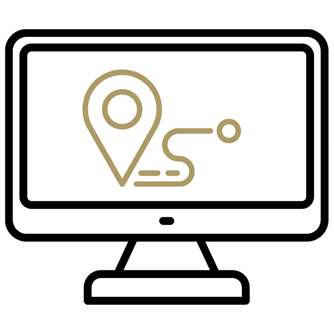 Map marker icon with a route leading to an envelope representing mail or messages.