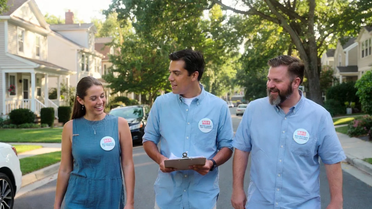 Three people walking together on a residential street, smiling and talking, wearing political campaign stickers.