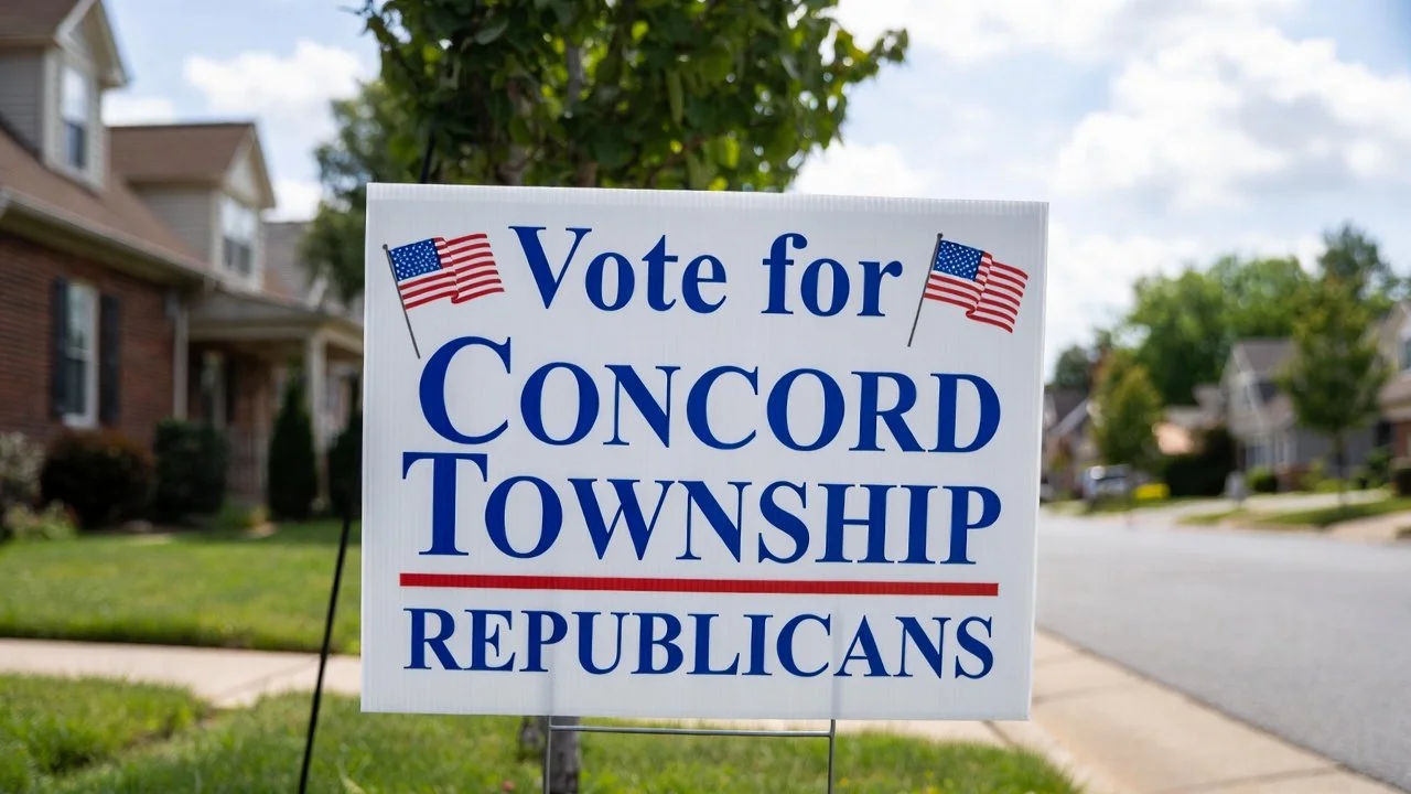 A political campaign sign for Concord Township Republicans with American flags, placed on a lawn in a suburban neighborhood.