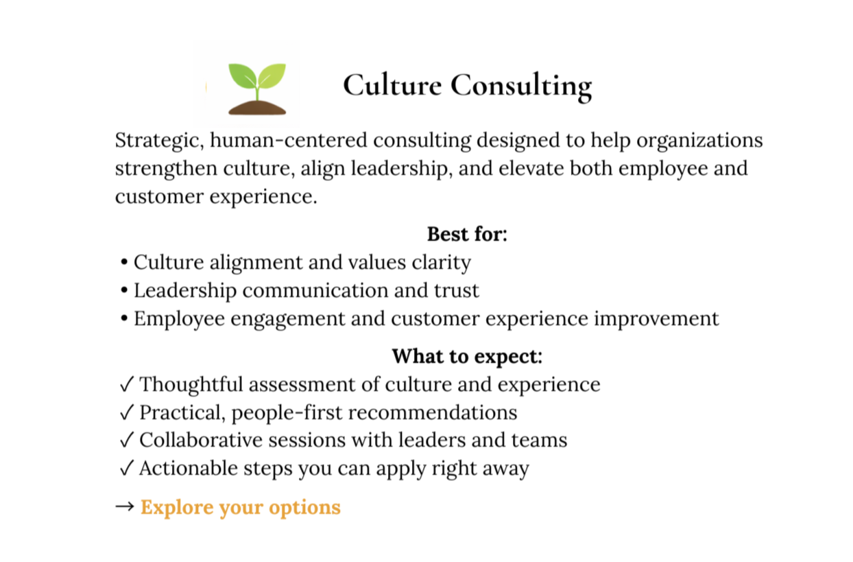 A flyer for Culture Consulting featuring a green sprout with two leaves. The flyer describes consulting services to help organizations strengthen culture, align leadership, and enhance employee and customer experience, with a focus on culture alignment, leadership communication, and engagement.
