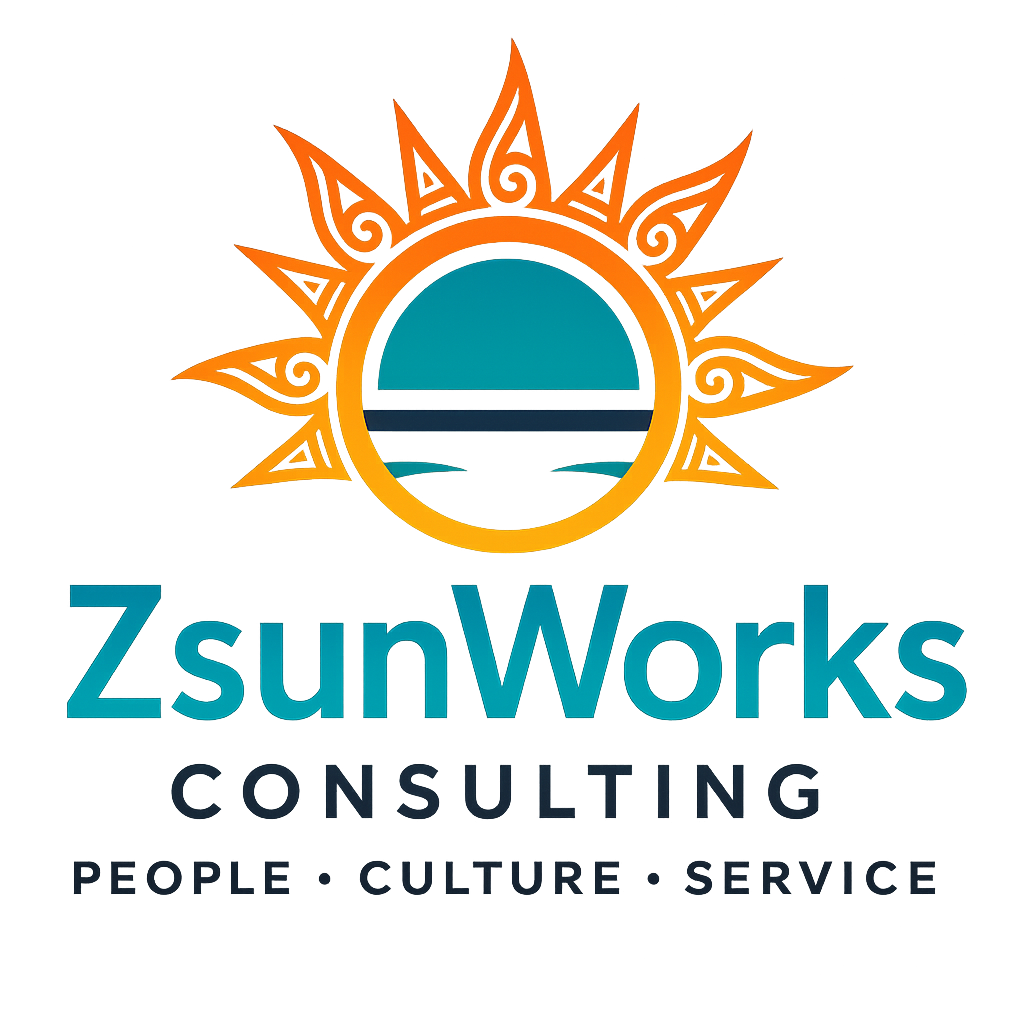 ZsunWorks Consulting logo with a rising sun over the horizon, representing human-centered culture, employee engagement, and exceptional customer experience.