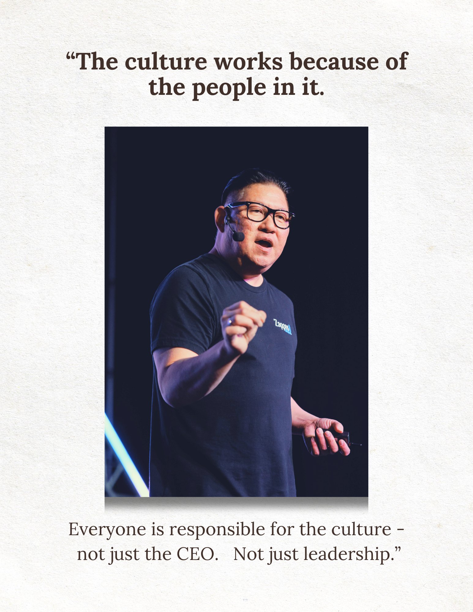 Ryo Zsun on stage, smiling as he shares stories about culture, leadership, and creating meaningful employee and customer experiences with business leaders.
