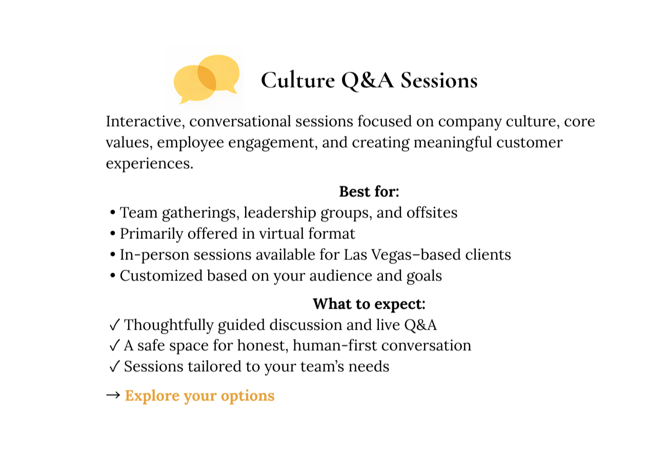 Graphic promoting Culture Q&A Sessions with Ryo Zsun, highlighting team gatherings, virtual and in-person formats, customized conversations, and a focus on building strong workplace cultures, customer experience, and employee engagement.