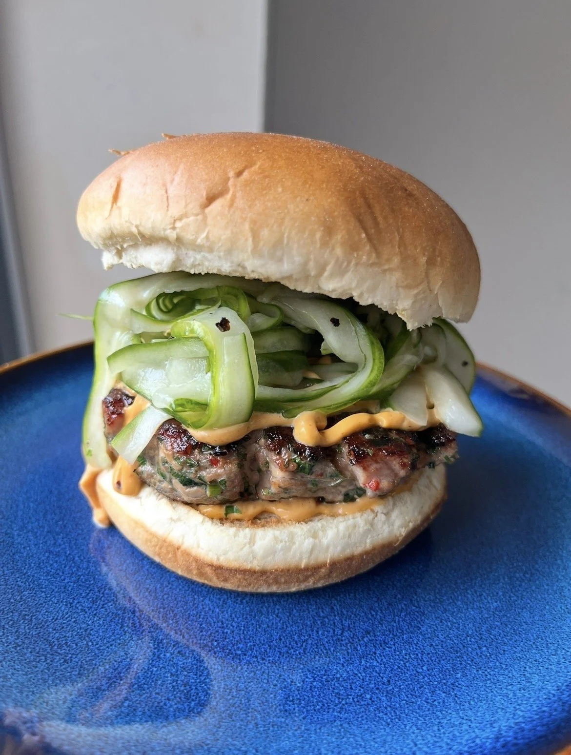Tuna burgers with pickled cucumbers and Gochujang mayonnaise