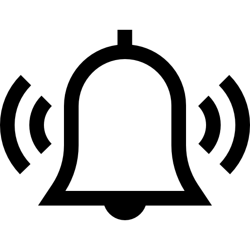 A black and white icon of a ringing doorbell with sound waves on each side.