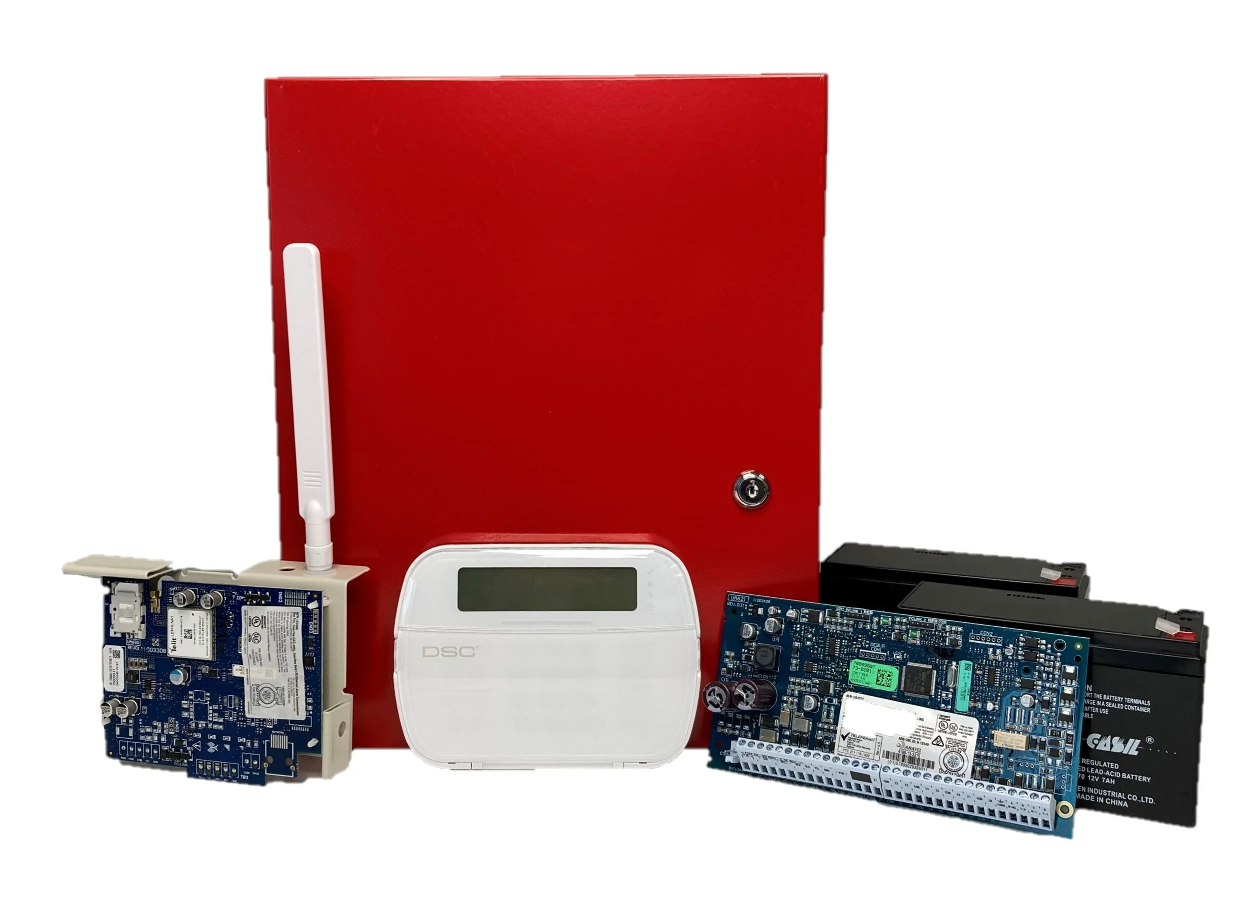 Fire alarm control panel with electronic components and batteries.