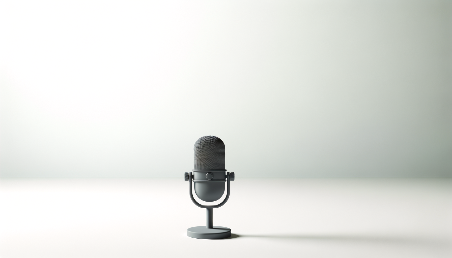 A modern microphone with a grey finish on a round base, positioned in the center of a minimalist light-colored background.