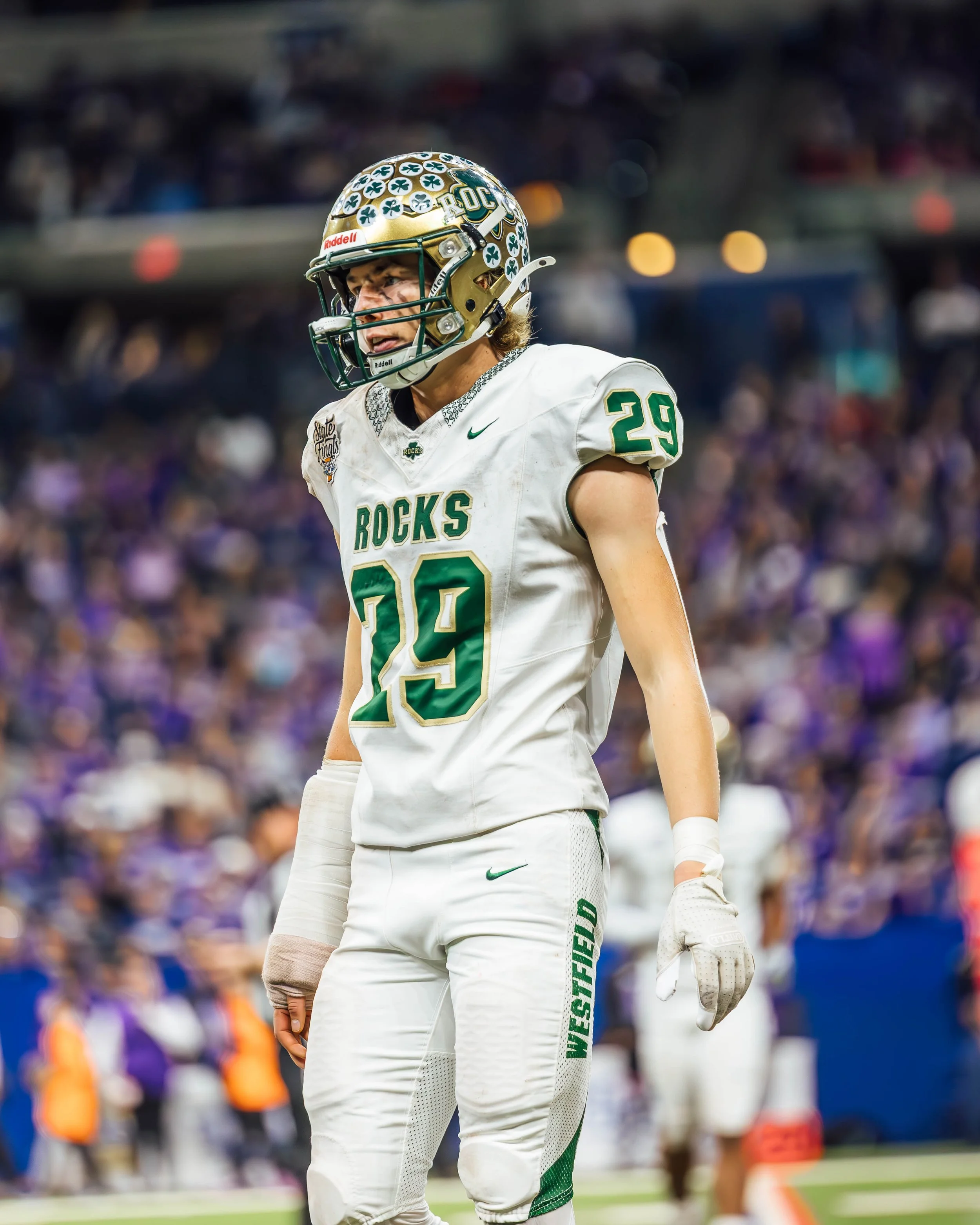 An American football player in a white and green jersey with the number 29 standing on the field, wearing a gold helmet decorated with shamrocks. The background shows a crowd in the stadium.