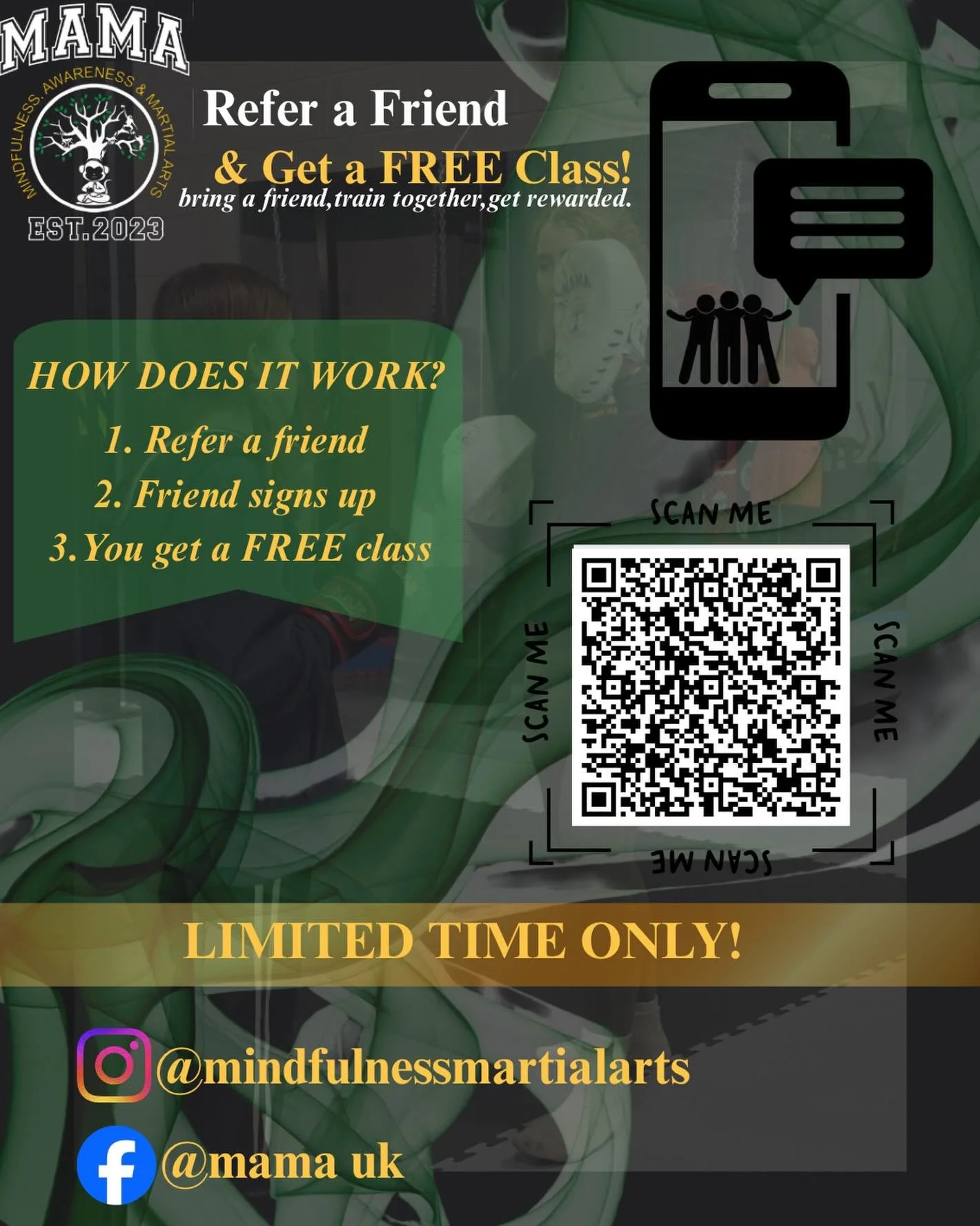 Refer a Friend &amp; Get a FREE Class!

Bring a friend. Train together. Get rewarded.

HOW IT WORKS
1️⃣ Refer a friend
2️⃣ Your friend signs up
3️⃣ You get 1 FREE class

📍 New members only
📍 One free class per referral

⸻

Here at MAMA, we do more 