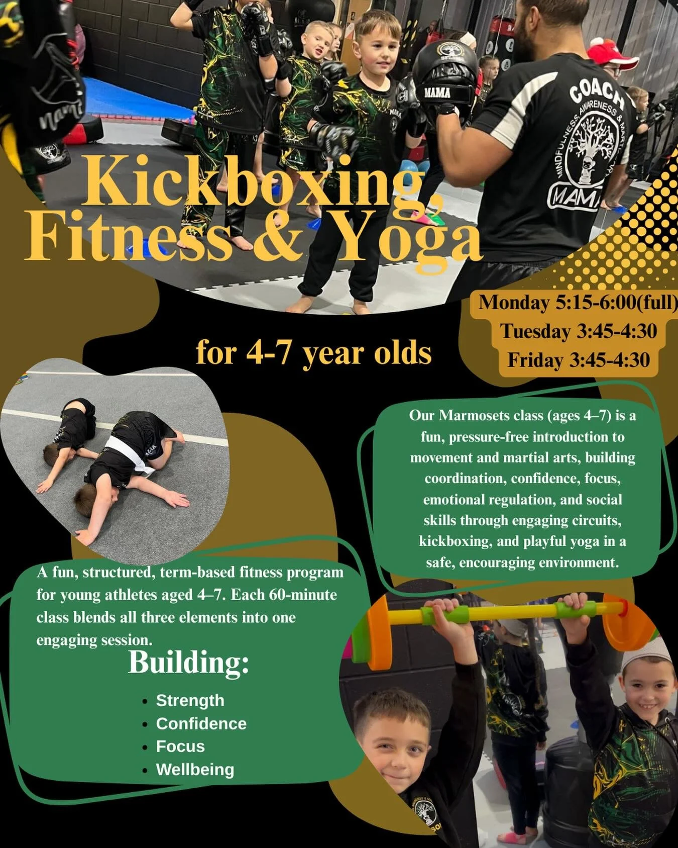 Kickboxing, Fitness &amp; Yoga (Ages 4&ndash;7)
🟡 MONDAY CLASS: FULL 🟡
🔥 Tuesday &amp; Friday &ndash; Limited Spaces Available

Build strength, confidence, focus &amp; wellbeing
📩 Enrol now before remaining classes fill!

#westmidlands #burntwood