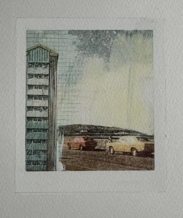 Holidays gone by:
Mixed media painting on paper.
Image size 9.5cm x 11cm.
Paper size 25cm x 32cm.