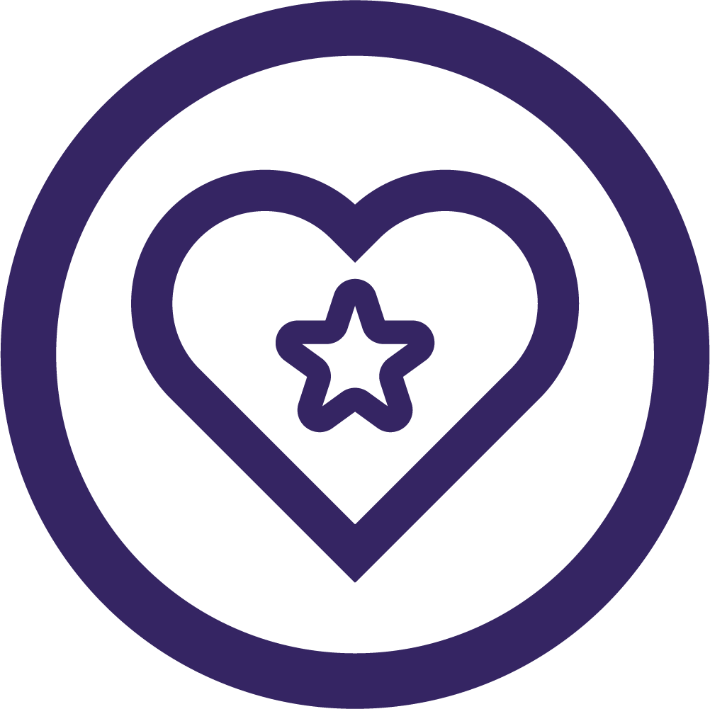 A purple icon featuring a heart with a star inside it, surrounded by a circular border.