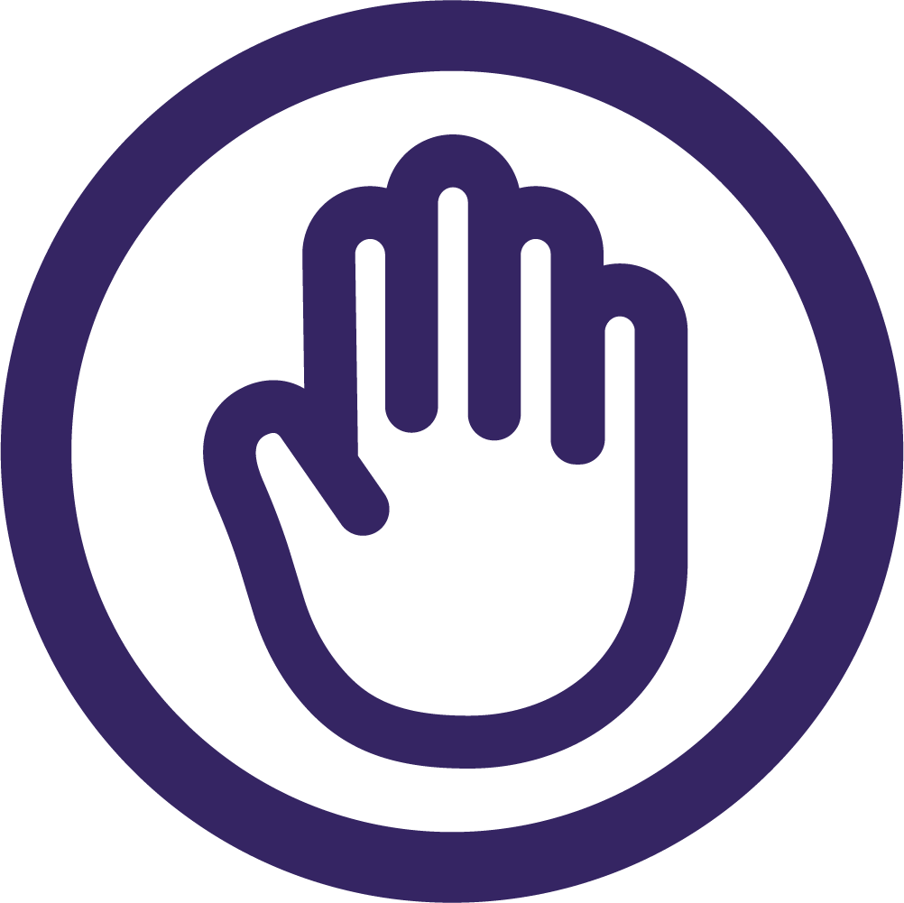 A purple circle with a hand symbol showing an open palm, representing 'stop' or 'wait'.
