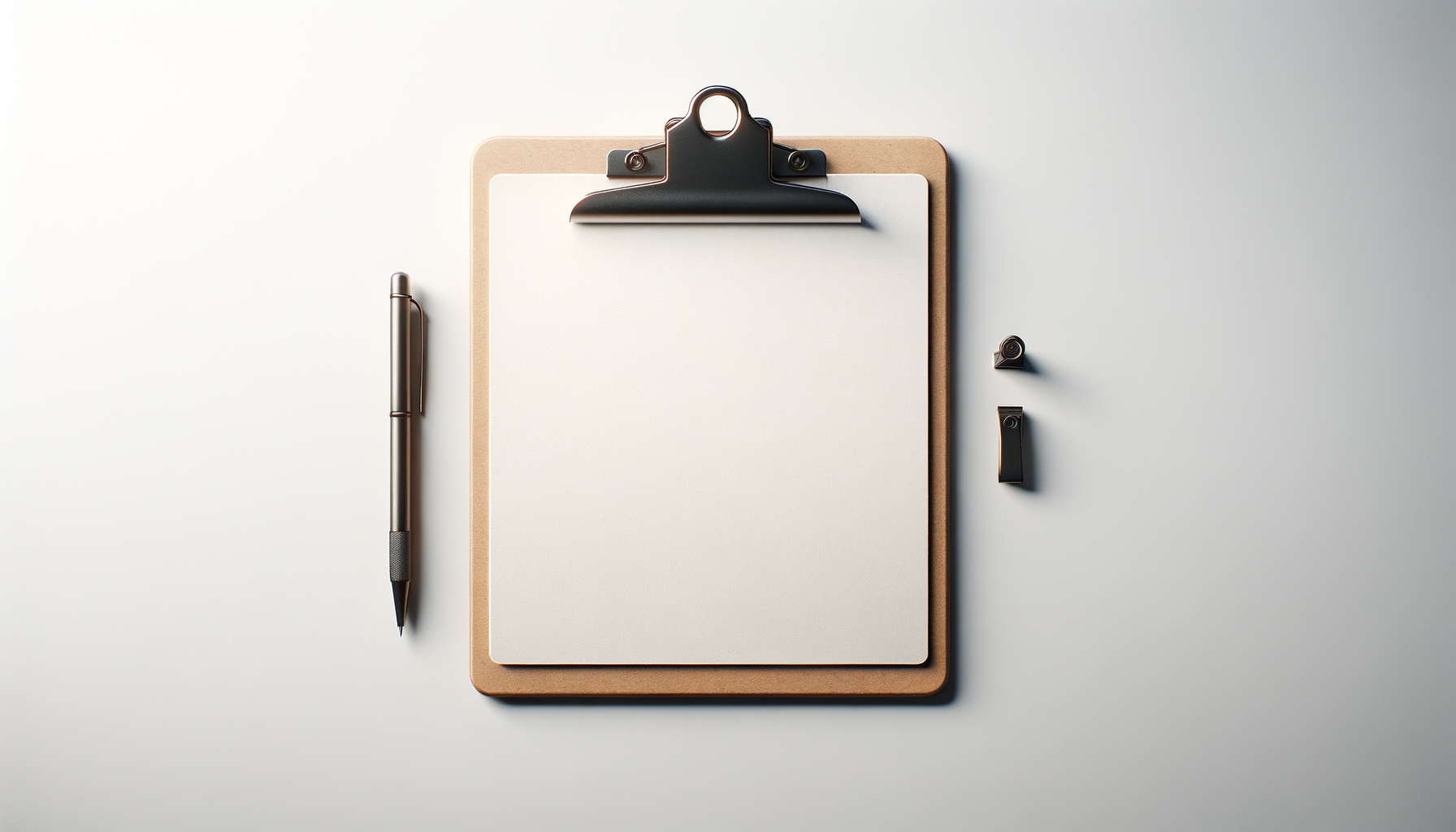Empty white notepad clipped to a clipboard with a black clip, a black pen to the left, and some small black accessories on a white surface.