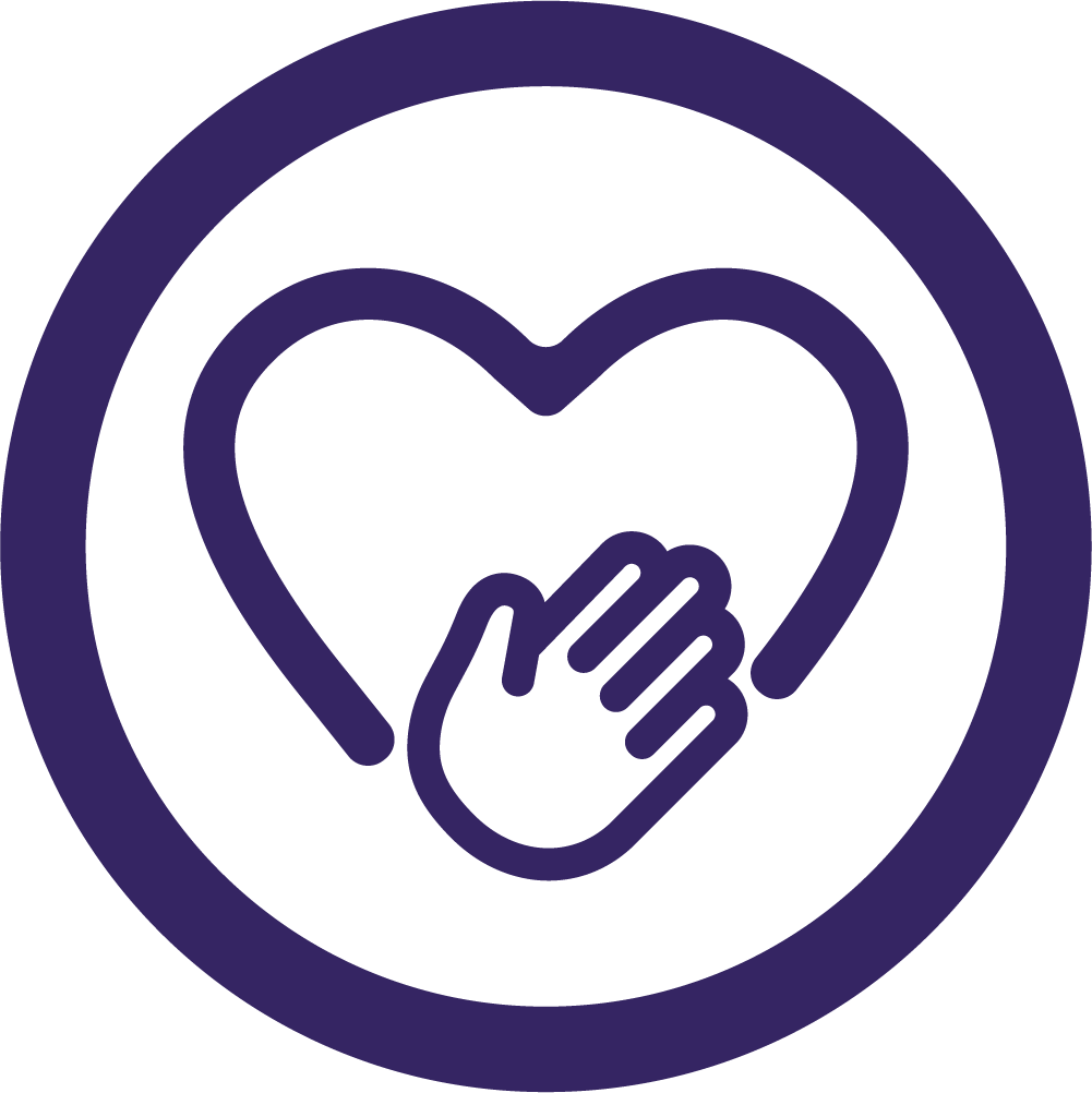 Icon of a hand reaching into a heart, enclosed in a circle, representing care or compassion.