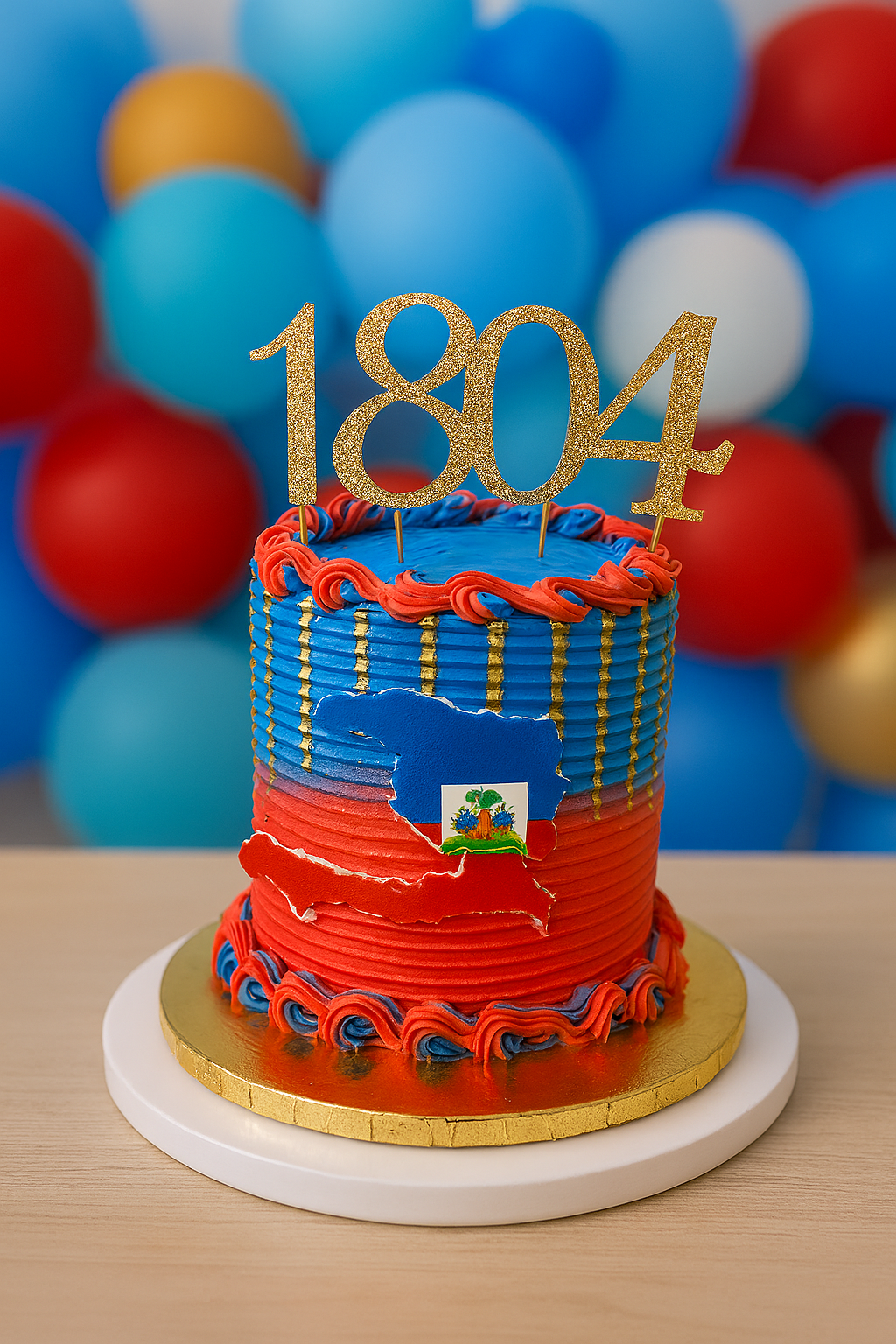 A two-tiered cake decorated with red, blue, and gold colors and topped with a gold glitter numbers "1804" on a party table. In the background, there are blue, red, white, and yellow balloons.