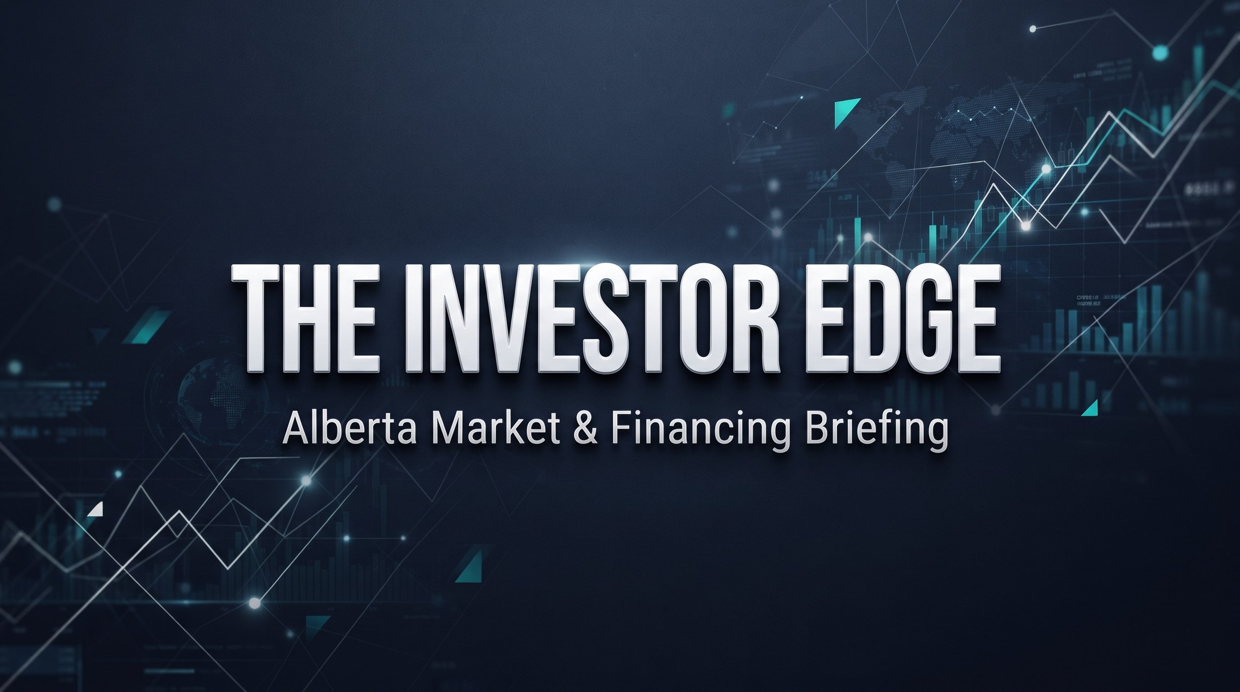 Digital graphic with upward trending financial charts and lines, text reads 'The Investor Edge' and 'Alberta Market & Financing Briefing' over a dark background.