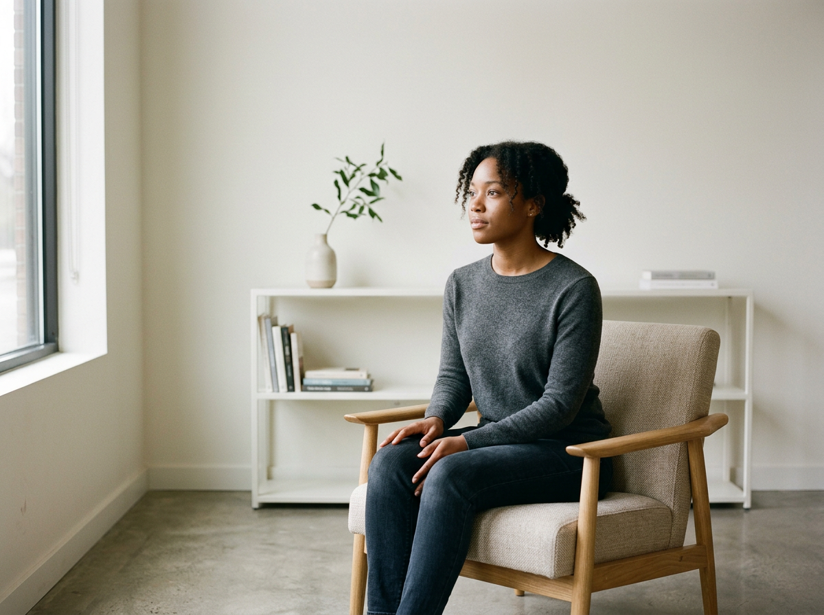 A woman sitting in a beige armchair in a minimalist room, looking out a window with a neutral expression.