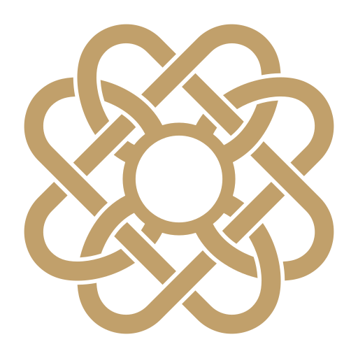 A complex, interconnected knot design in beige on a black background.