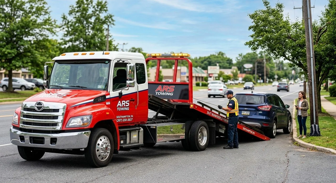 ARS Towing commercial flatbed rollback tow truck loading a vehicle in Richboro, PA