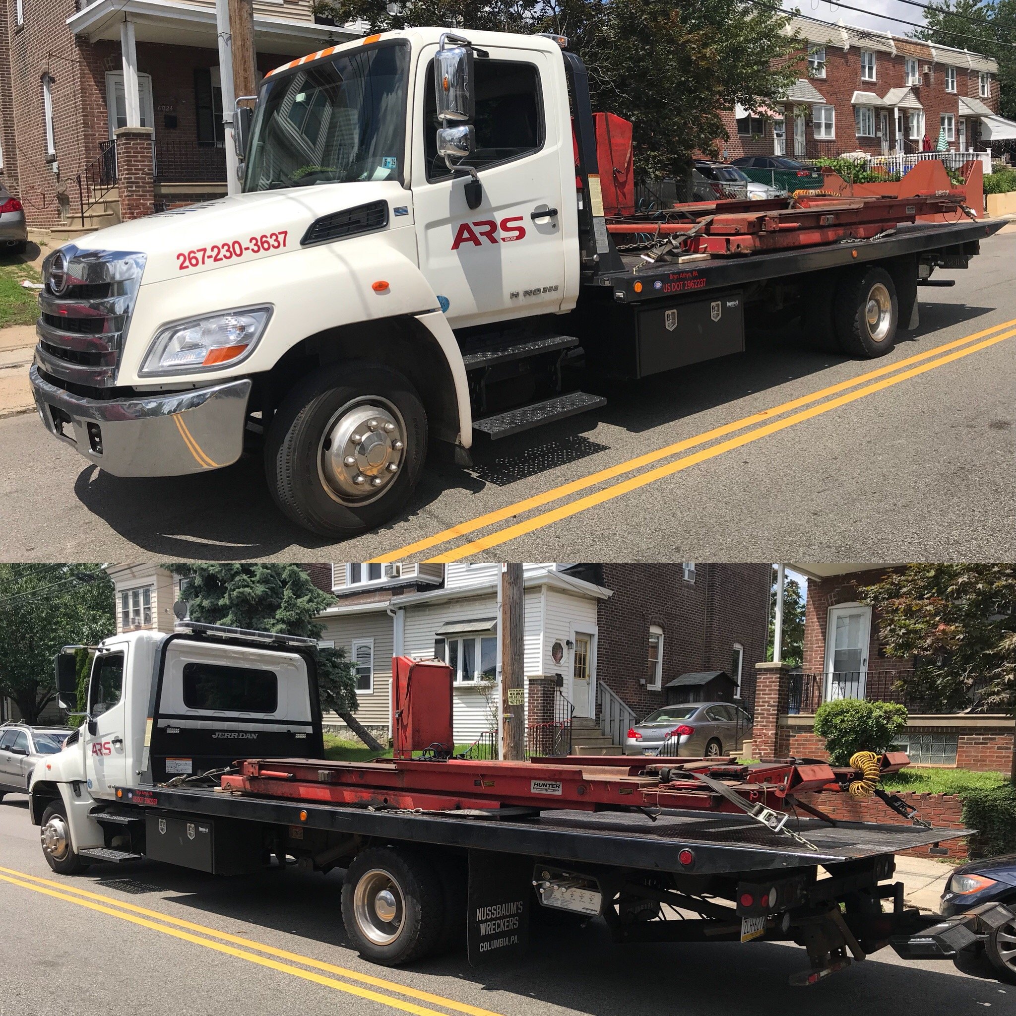 ARS Towing flatbed truck hauling industrial equipment and machinery in Southampton, PA.