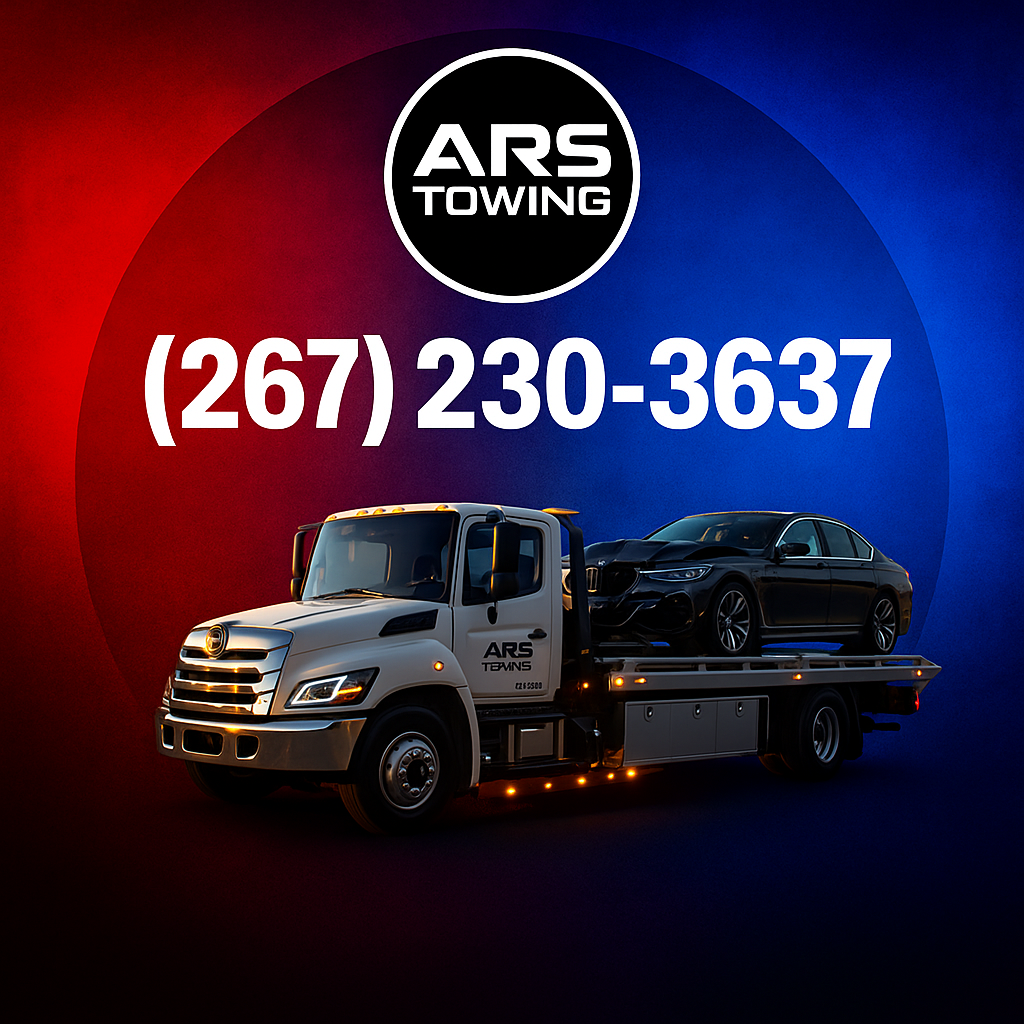 A tow truck with a black luxury car on the back, parked in front of a red and blue background with ARS Towing logo and phone number (267) 230-3637.