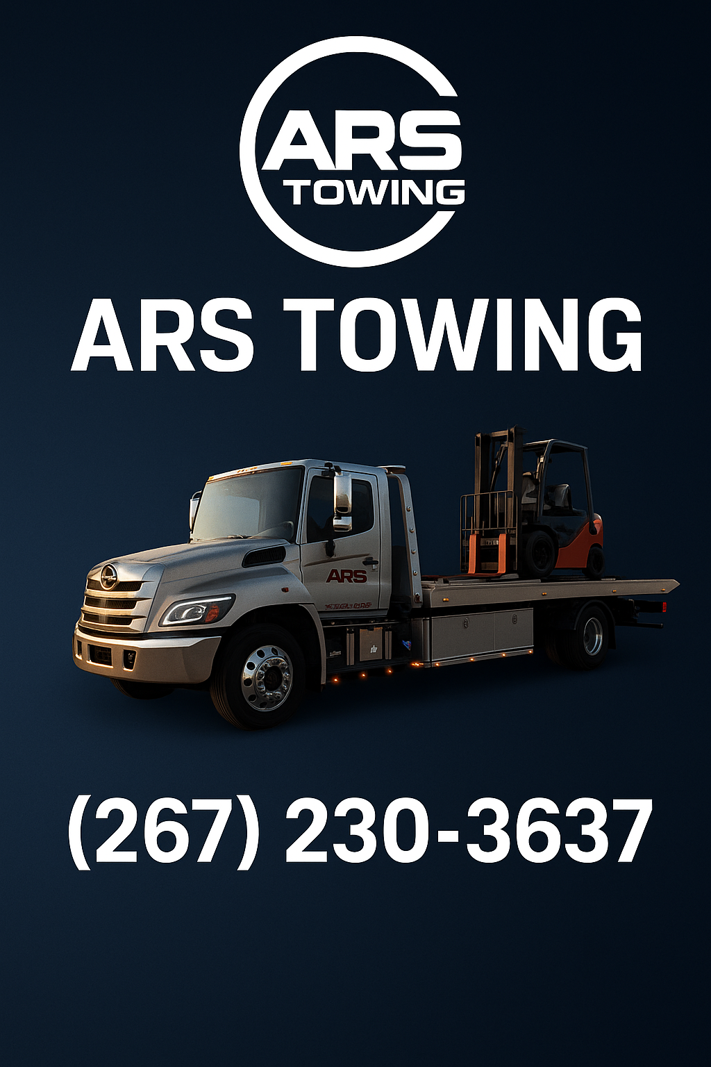 A tow truck with the ARS Towing logo and a forklift on its flatbed, dark background, company name and phone number.