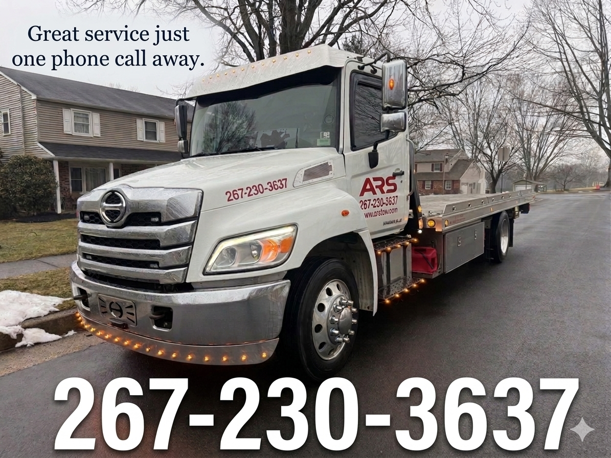 An ARS Towing white tow truck parked on a residential street providing roadside assistance service.