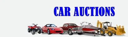 Illustration of various vehicles at a car auction, including a quad bike, sports car, sedan, convertible, boat, and construction vehicle, with the text 'Car Auctions' in blue.