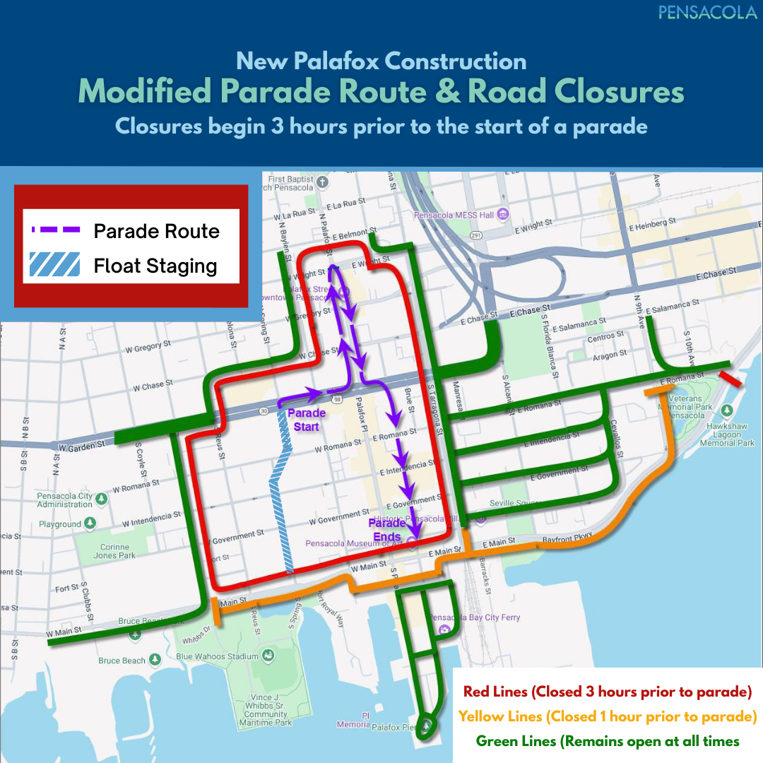 New Palafox Parade Route and Road Closures Map