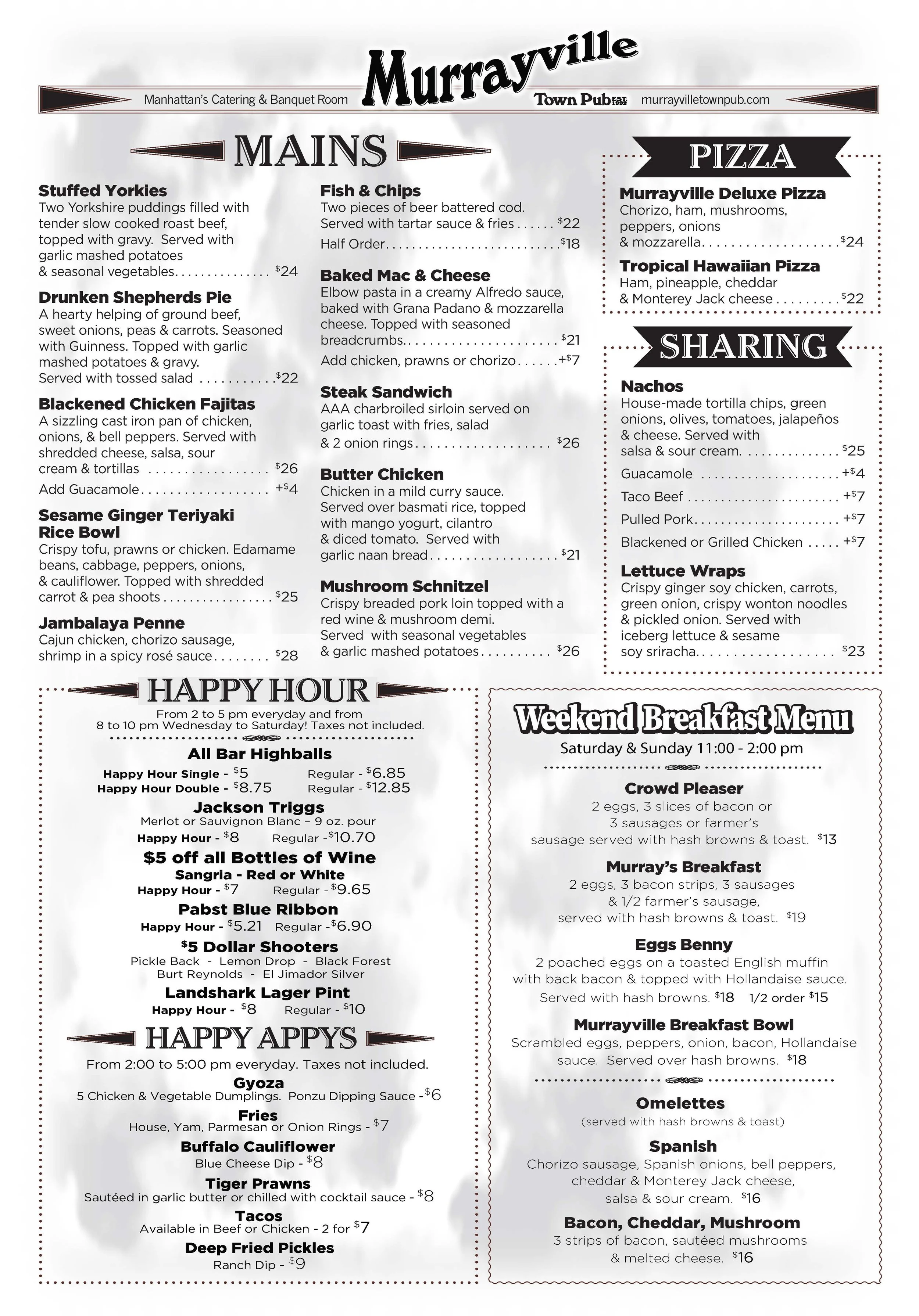 Murrayville menu featuring food and drink options, including mains like stuffed yorkies, fish and chips, baked mac and cheese, steak sandwich, butter chicken, mushroom schnitzel, and various bar specials, as well as pizza, sharing snacks, breakfast items, and happy hour details.