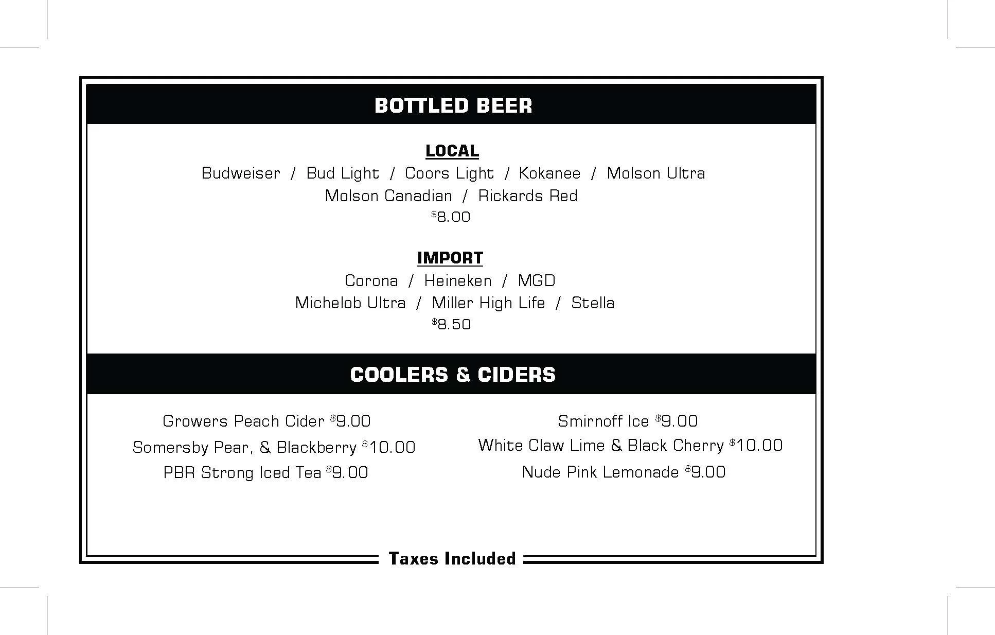Menu listing bottled beers, coolers, and ciders with prices.
