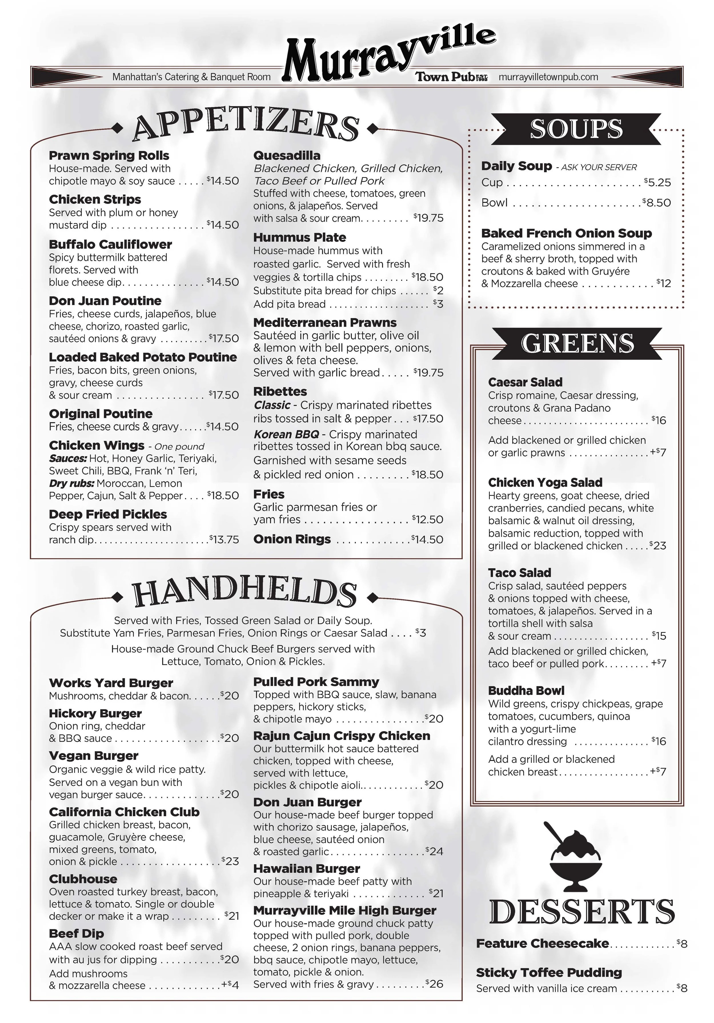A restaurant menu from Murrayville Town Pub featuring appetizers, soups, greens, hand-helds, desserts, and other dishes.