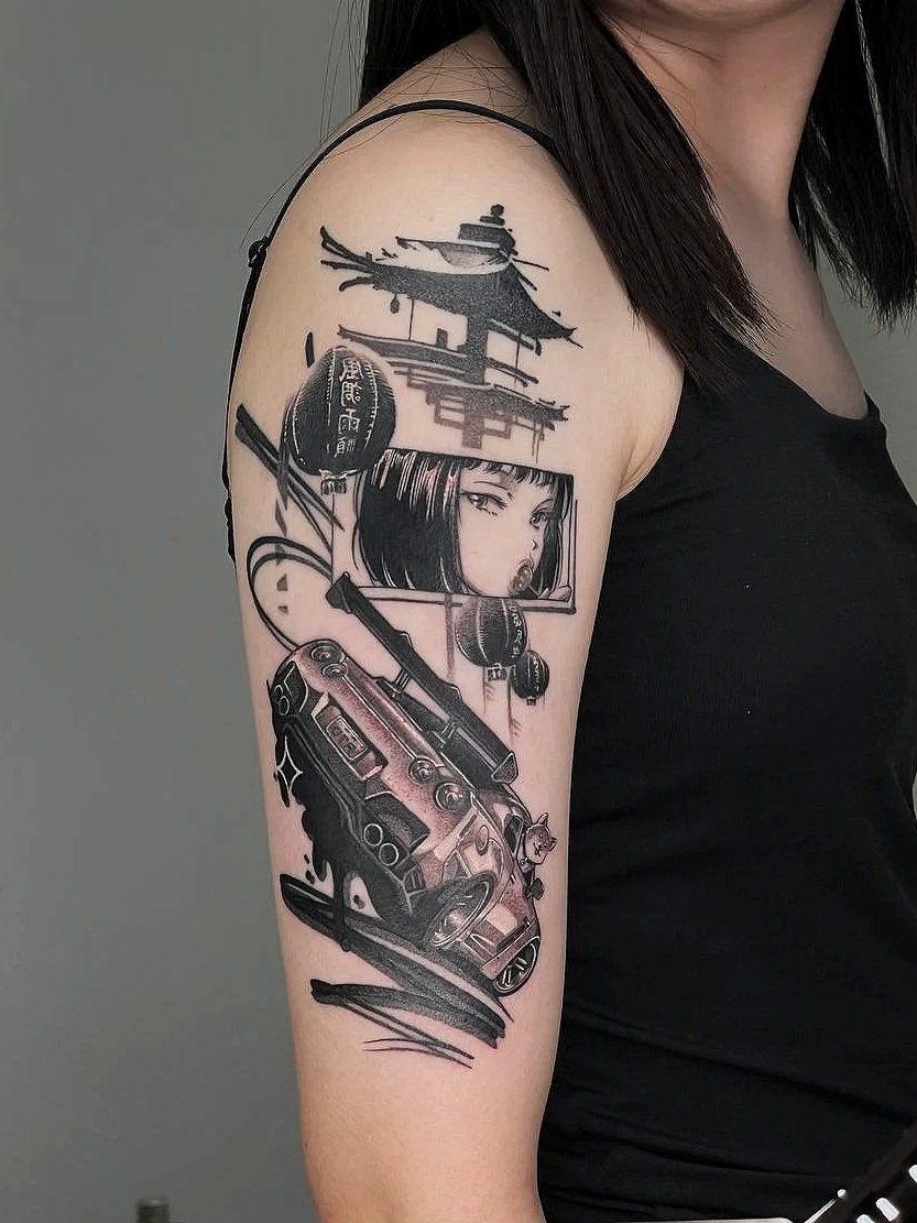 Tattoo of a traditional Japanese pagoda, a comic-style woman's face  on a woman's upper arm by Dmytro Shcherbakov