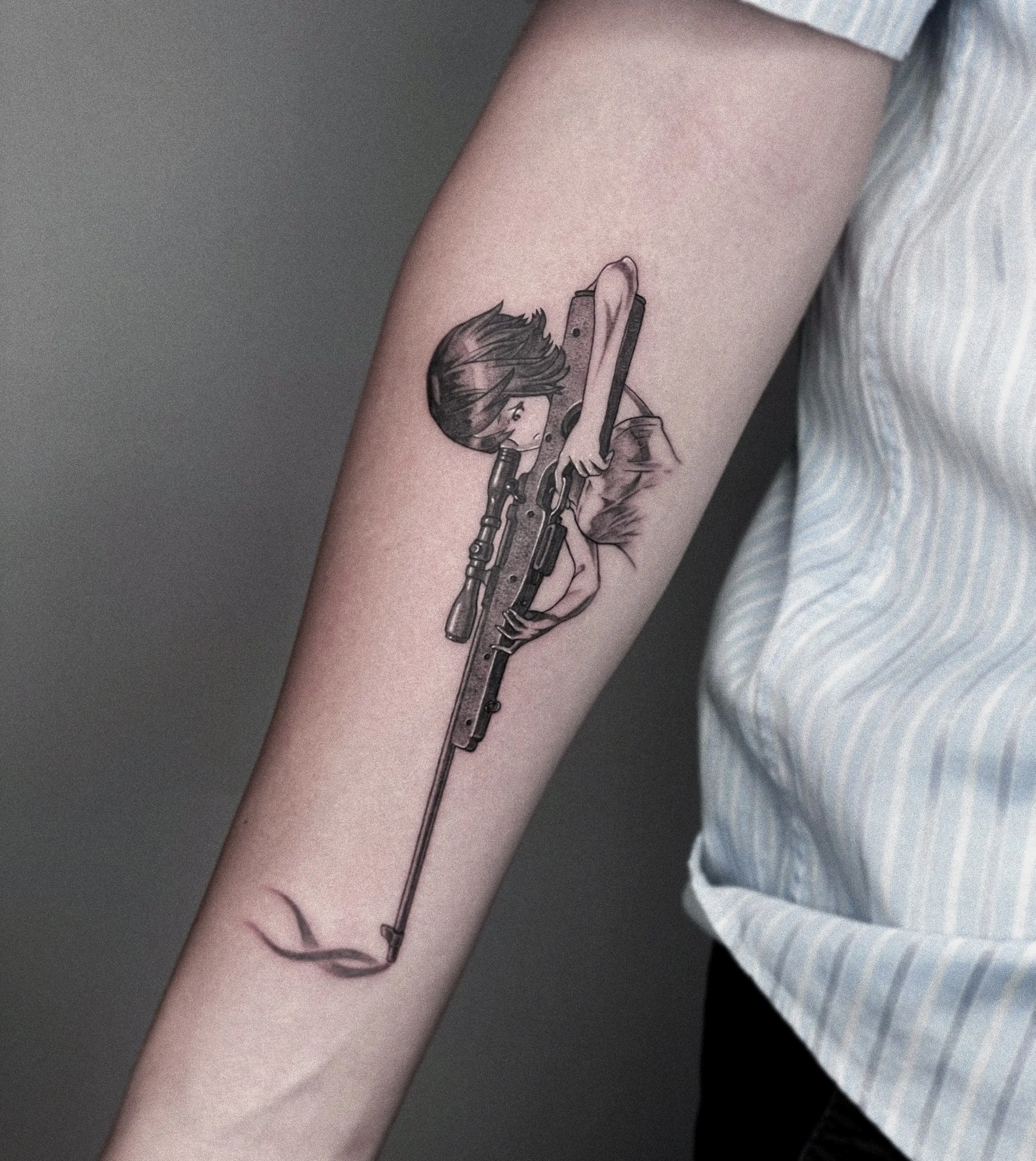 Sniper girl tattoo by Dmytro Shcherbakov