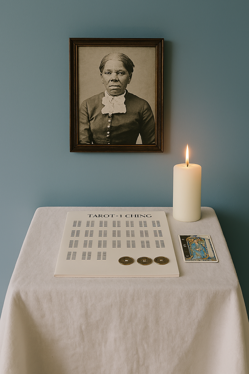 A tabletop setup for tarot reading with a 'TAROT-1 CHING' board, three gold coins, a tarot card, a lit candle, and a framed black-and-white portrait of a woman on a blue wall.