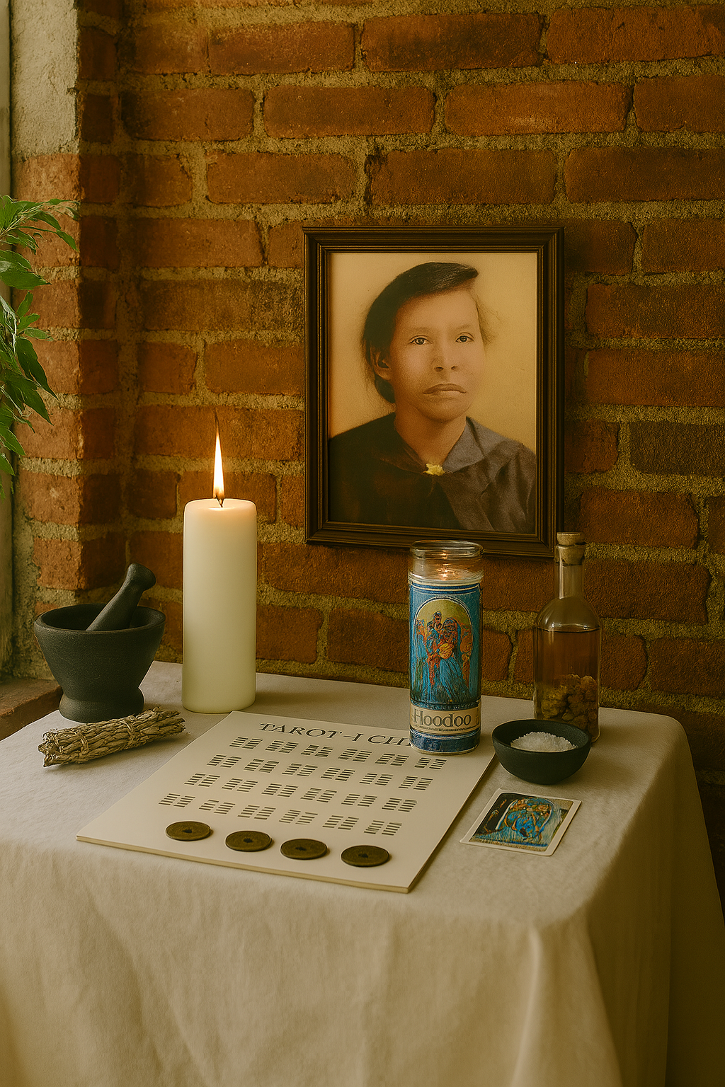An altar with a framed portrait of a woman, a lit white candle, a small black mortar and pestle, a bundle of dried herbs, a tarot card, a jar labeled 'Hoodoo,' a small bowl of salt, a glass bottle with herbs, and a card with a religious image on a table covered with a white cloth against a brick wall.