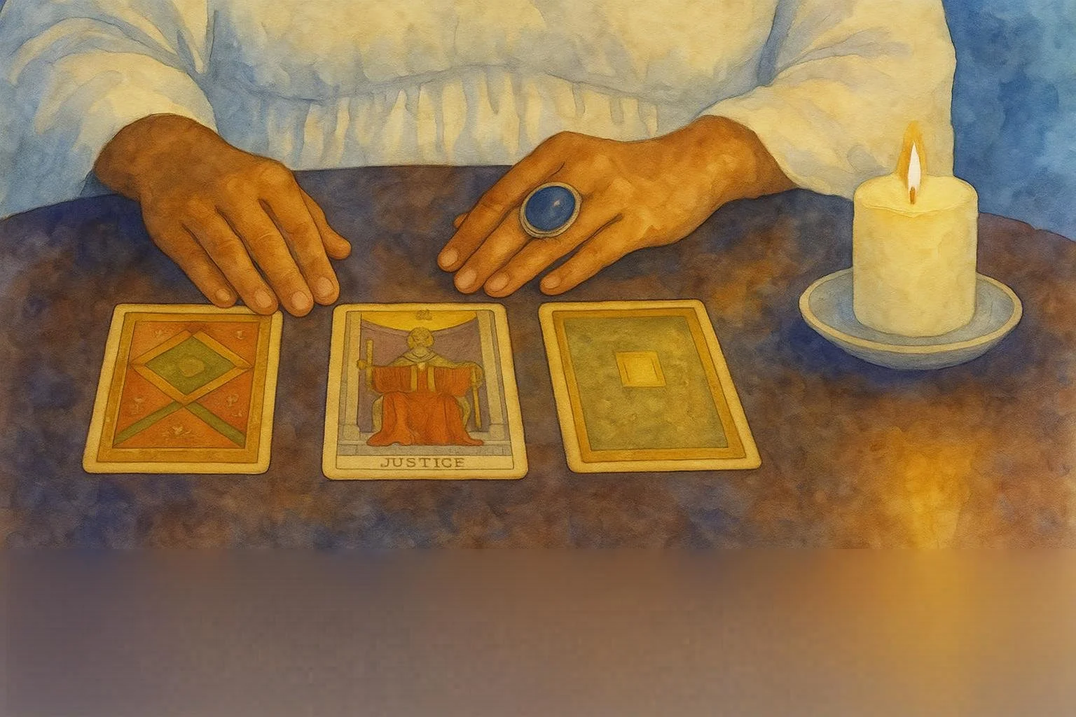 An illustrated scene of a person with a blue ring on their finger reading three tarot cards laid out on a table with a lit candle beside them.