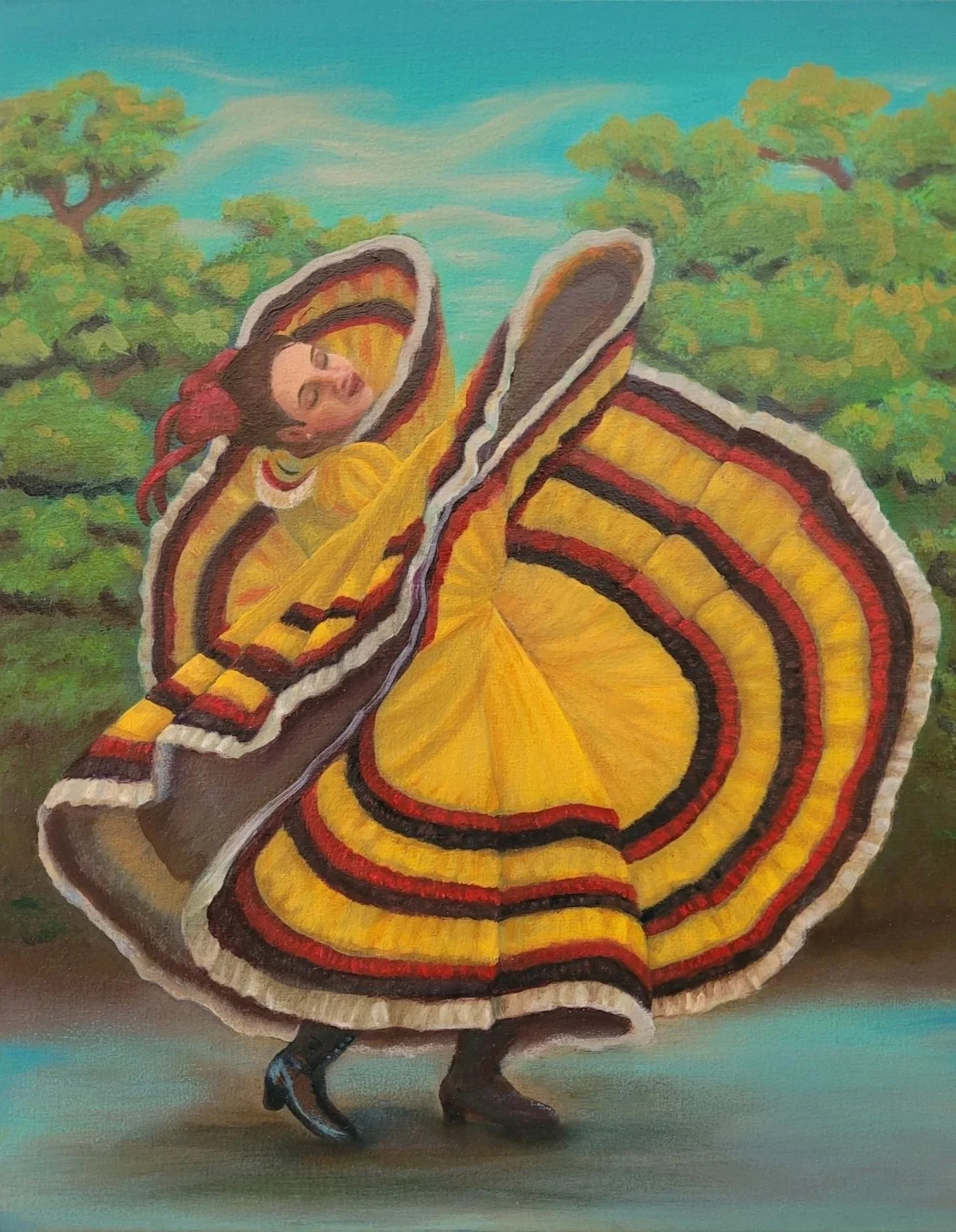 A painting of a woman dressed in an elaborate yellow and red traditional dress dancing in bliss, flinging her vibrant, abundant skirt in a large circle, surrounded by green trees and a blue sky background.
