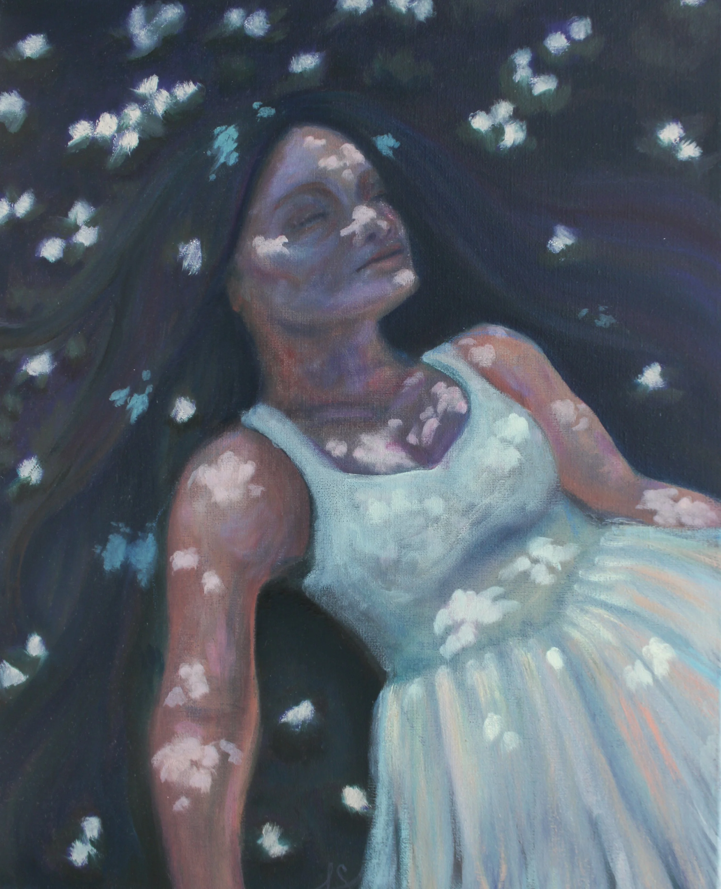 a painting of a woman in a white dress peacefully resting in the dancing spots of sunlight in moody cool tones