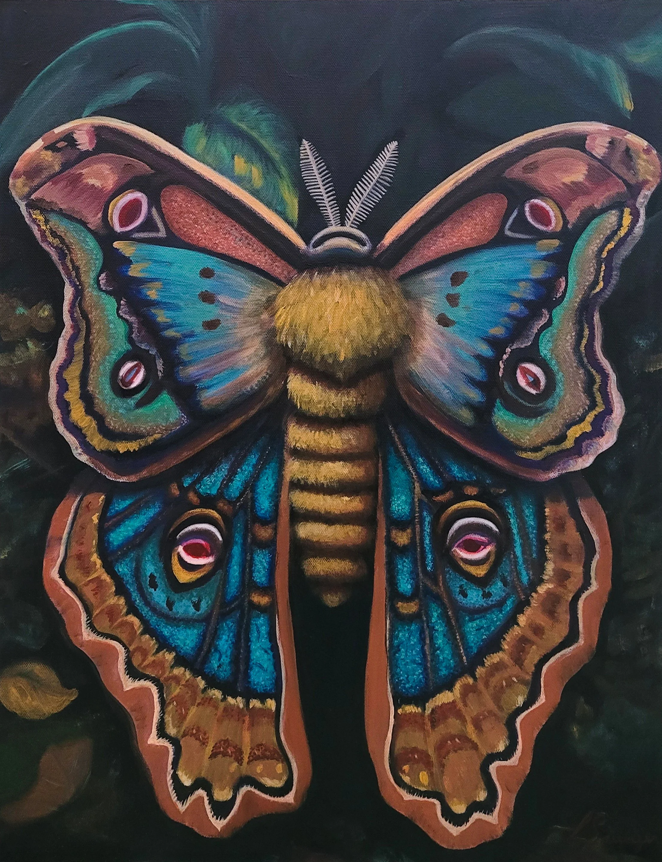 Colorful painting of a moth with detailed wings in blues, orange, pink, and yellow, set against a dark background with subtle foliage accents.