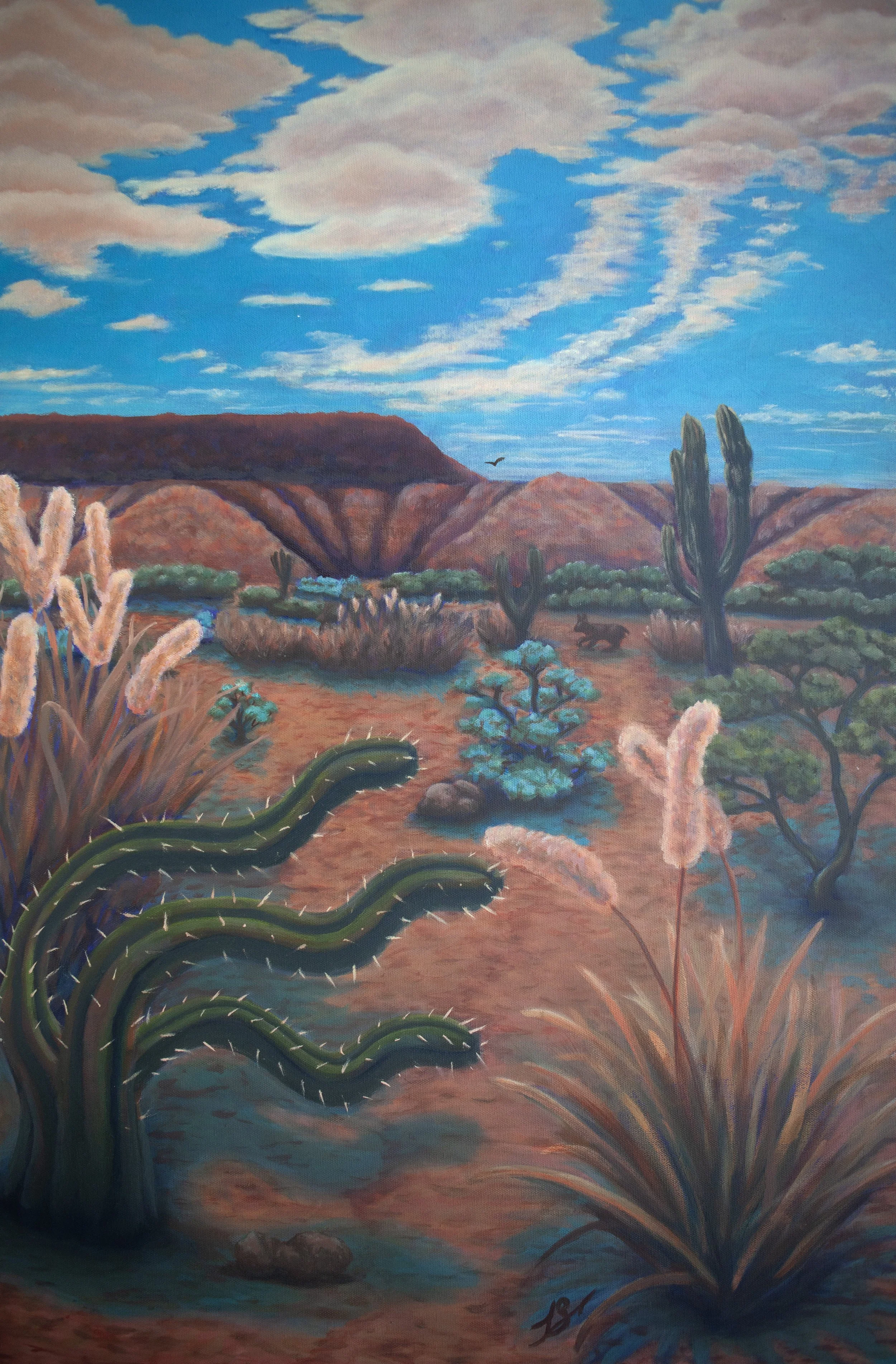 Painting of a desert landscape with cacti, brush, rocks, mountains, blue sky, and clouds.
