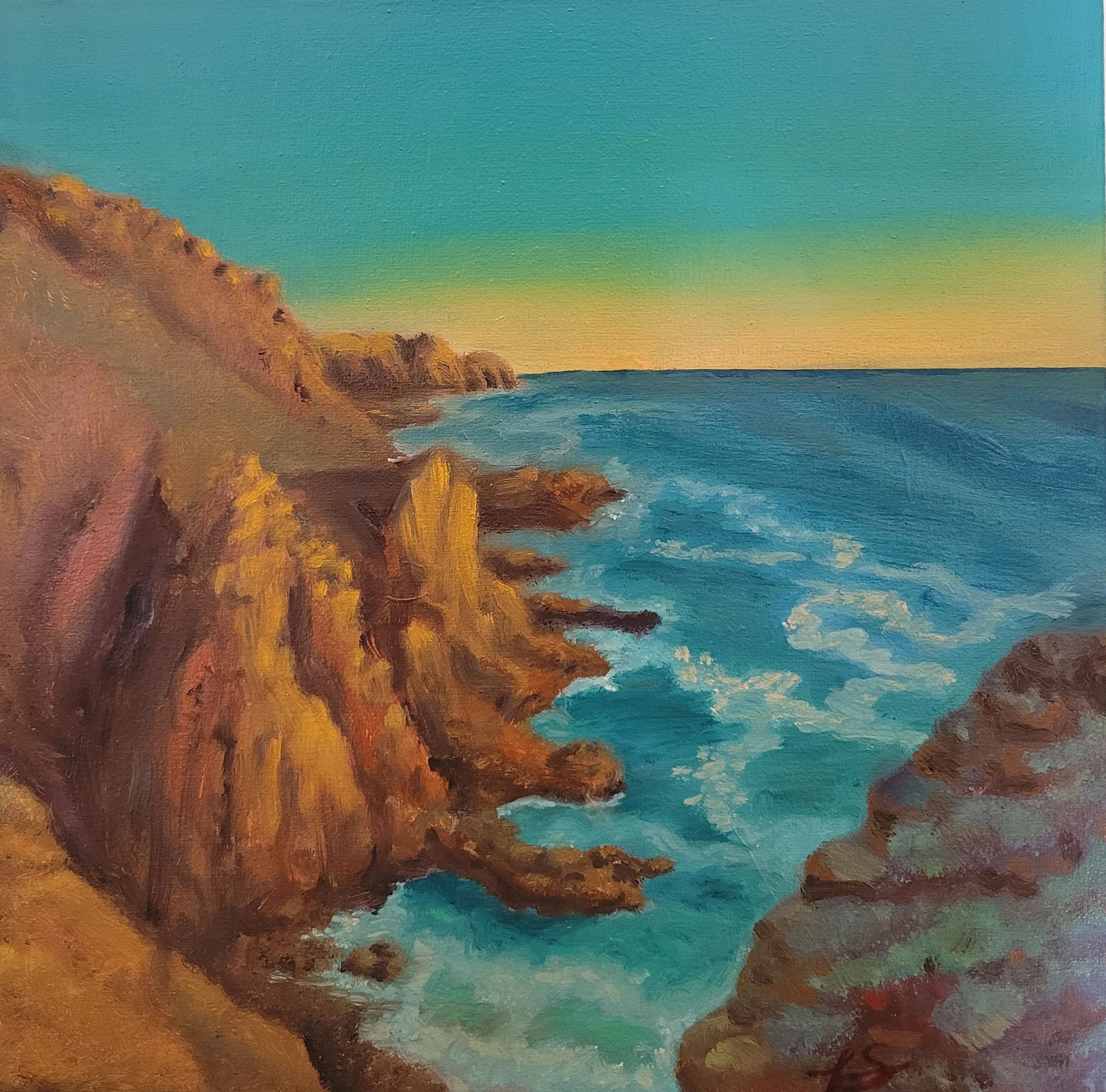 A painting of a coastal scene with rugged brown cliffs on the left, blue ocean waves in the center, and a soft yellow-green sky at dusk or dawn.