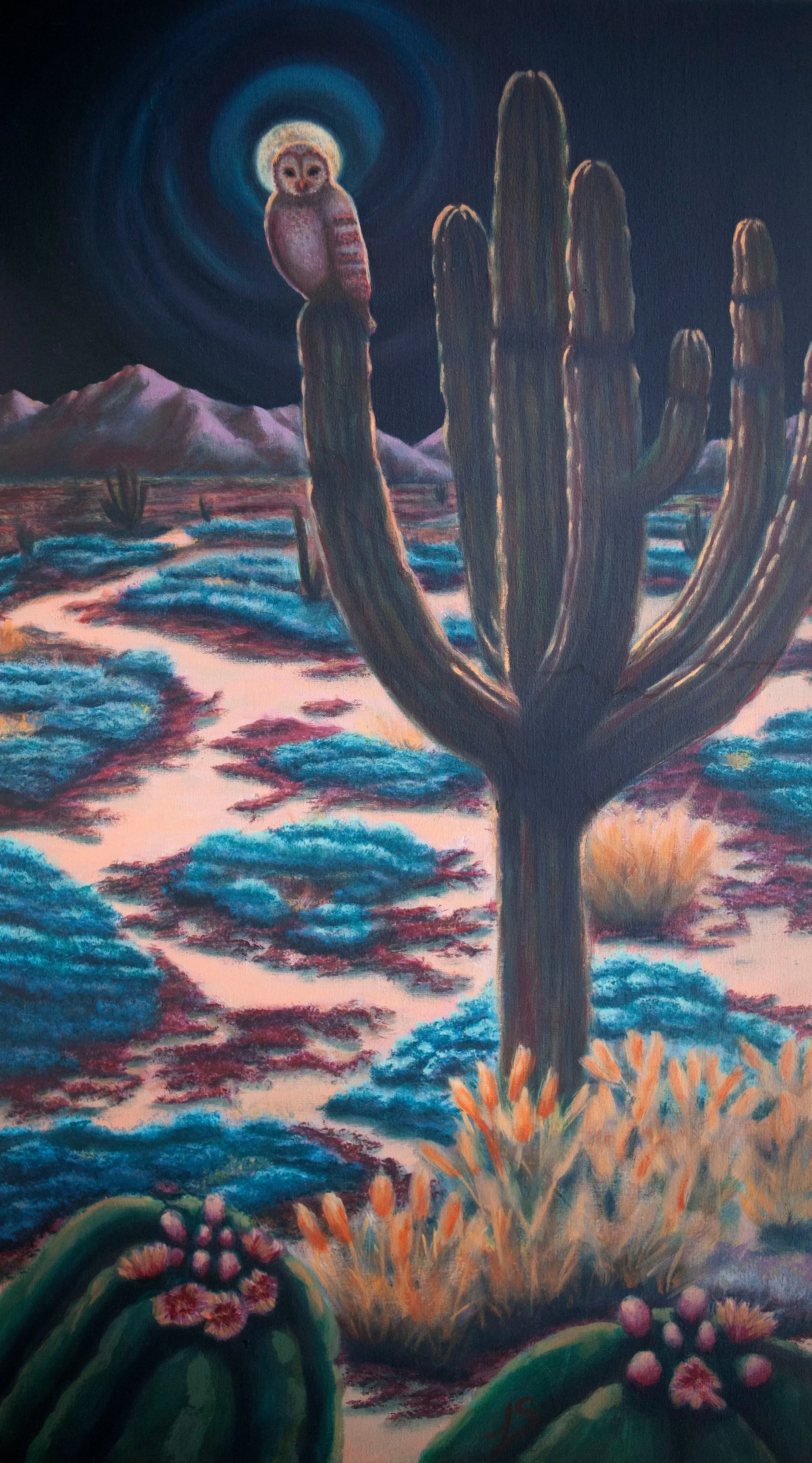 A desert landscape at night with a large saguaro cactus and a pink owl perched on top. The moon is full, illuminating the scene with a dark sky and mountains in the background.