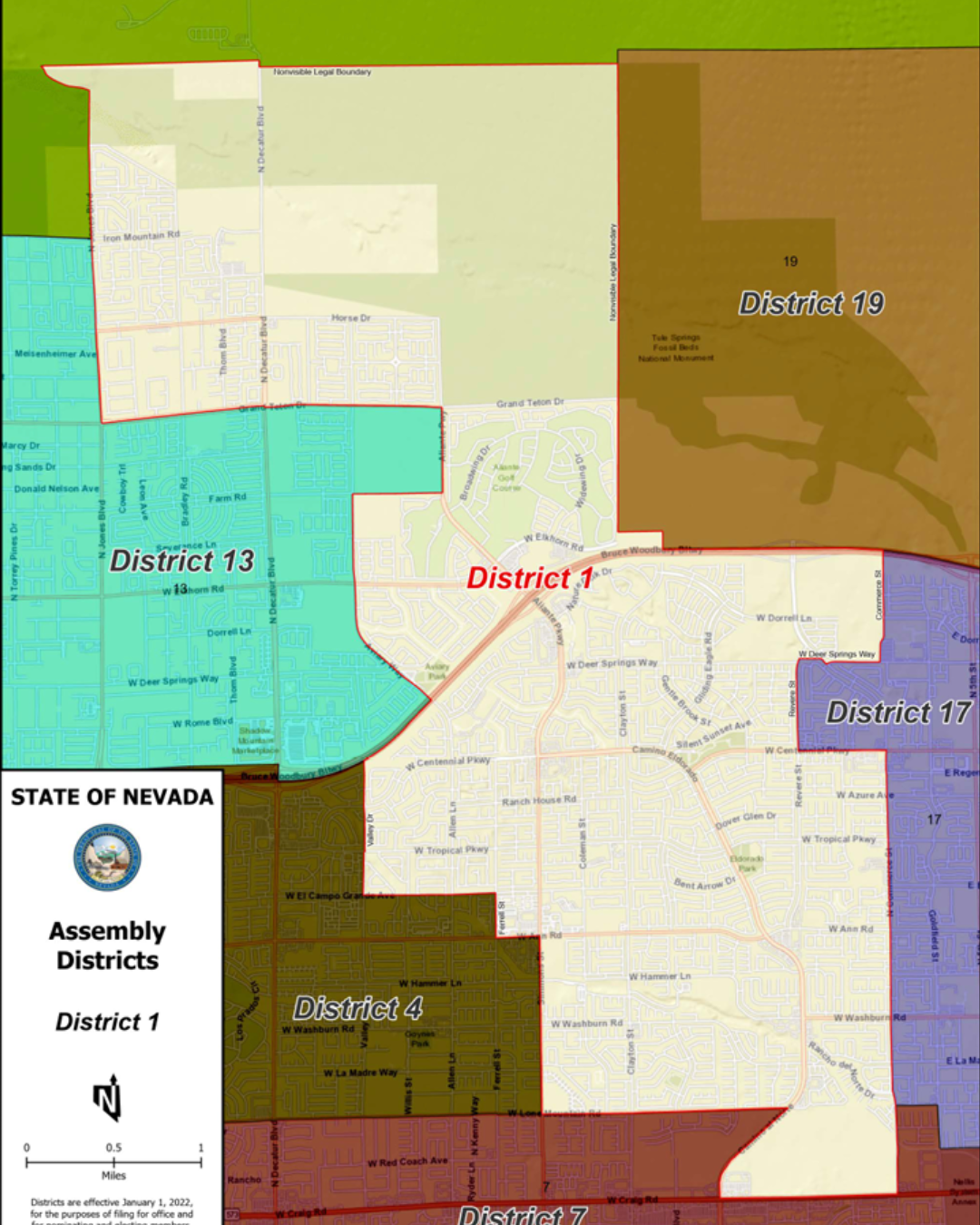 Map of Nevada showing the state's assembly districts, including Assembly District 1 and the surrounding districts. Haley Johnson is running for Assembly District 1.