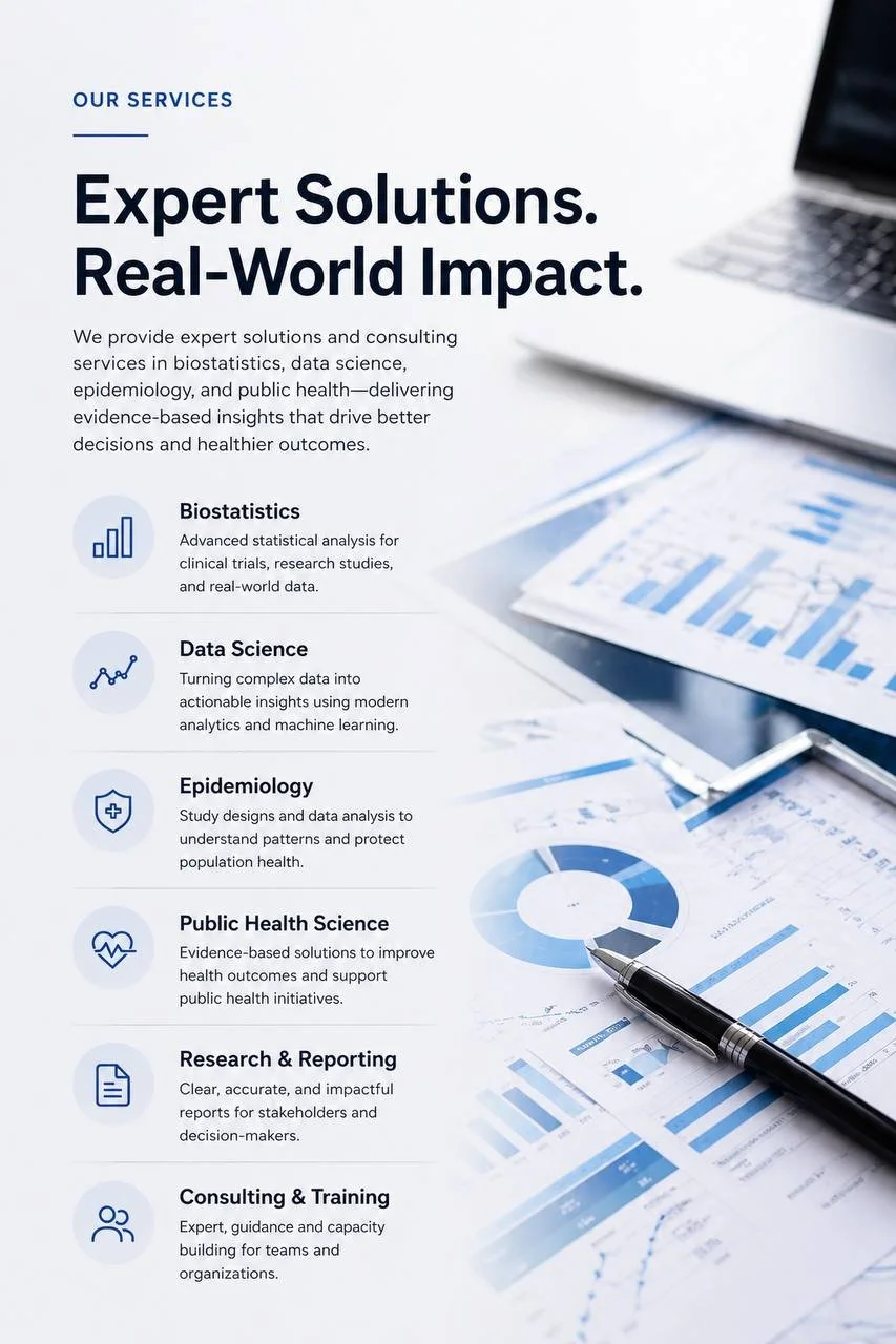 A digital infographic showcasing services in biostatistics, data science, epidemiology, public health science, research and reporting, and consulting and training, with graphs, charts, and a laptop.