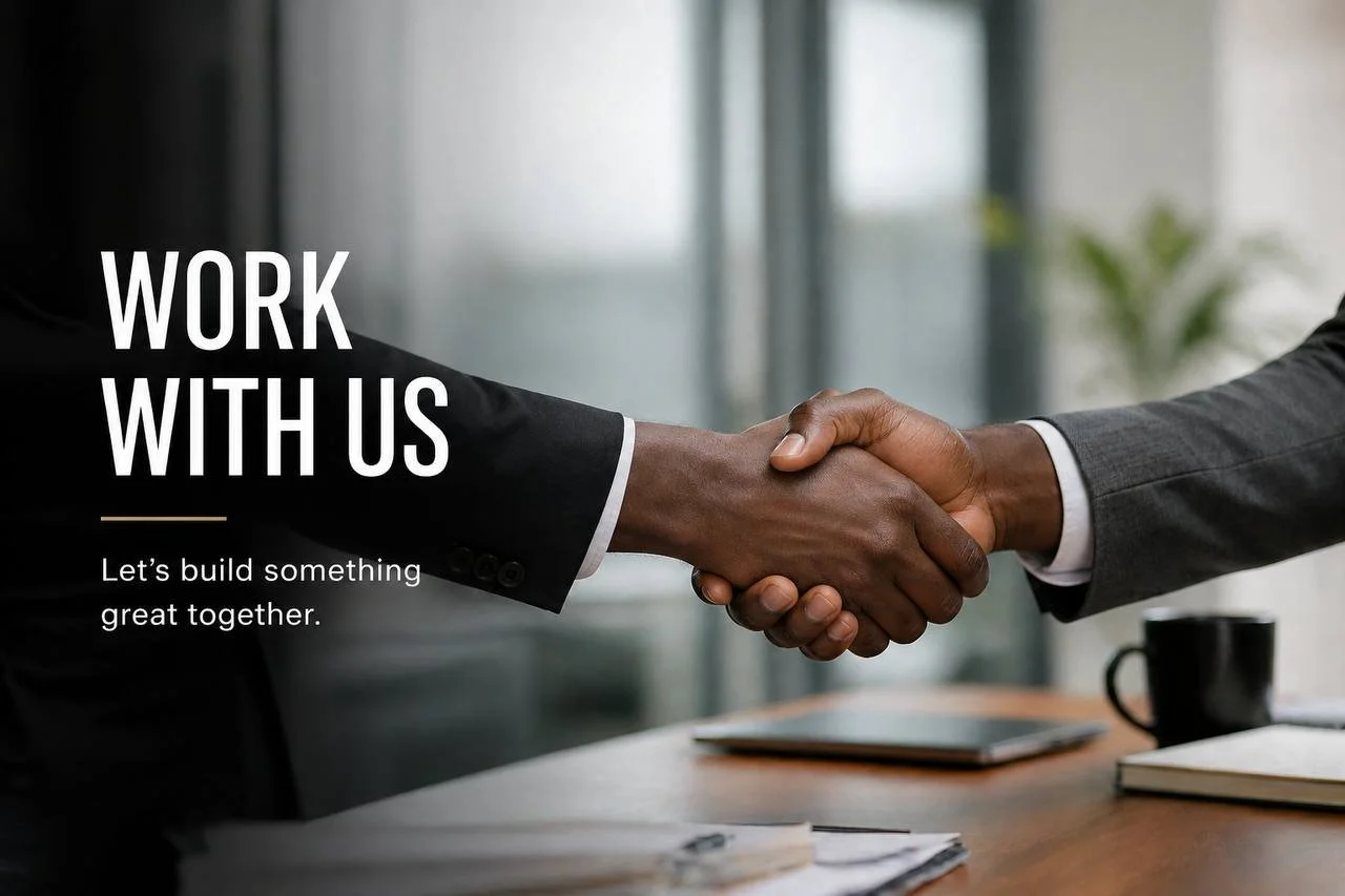 Two people shaking hands in an office, with the text 'Work with us' and 'Let's build something great together' overlaying the image.