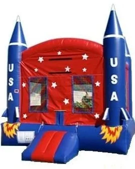 Rocket-themed inflatable bounce house with mesh windows and entry step, available for rent at McKinleyville Ace Home & Garden Center.