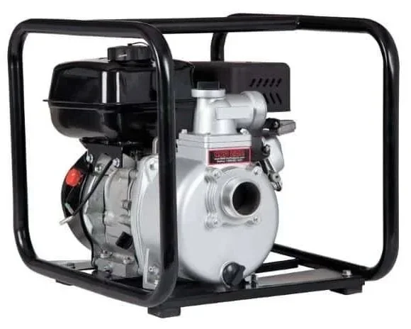 Portable gas water pump with protective steel frame and hose connections, available for rent at McKinleyville Ace Home & Garden Center.