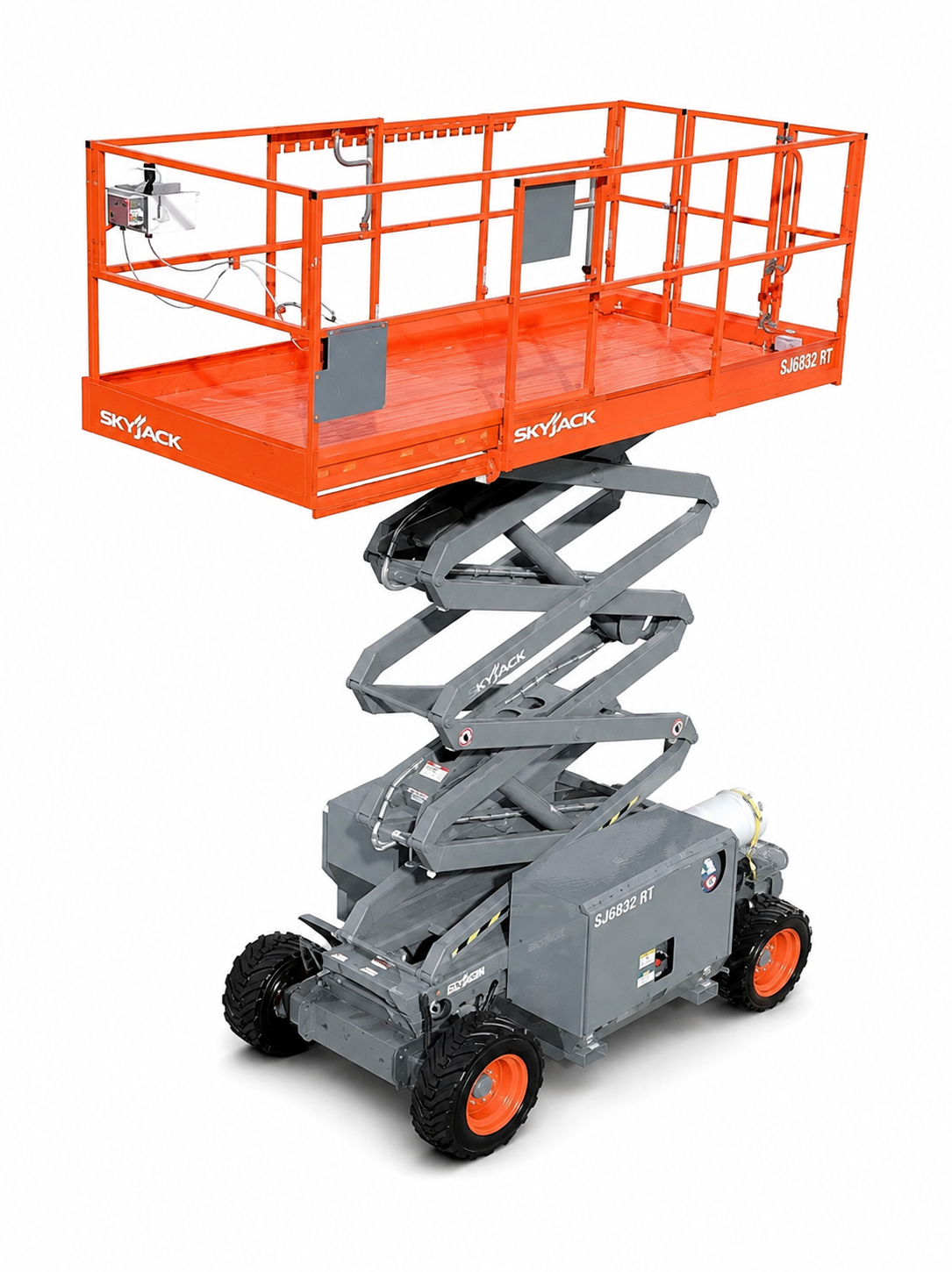 Rough terrain scissor lift with large platform and stabilizing outriggers, available to rent at McKinleyville Ace Home & Garden Center.